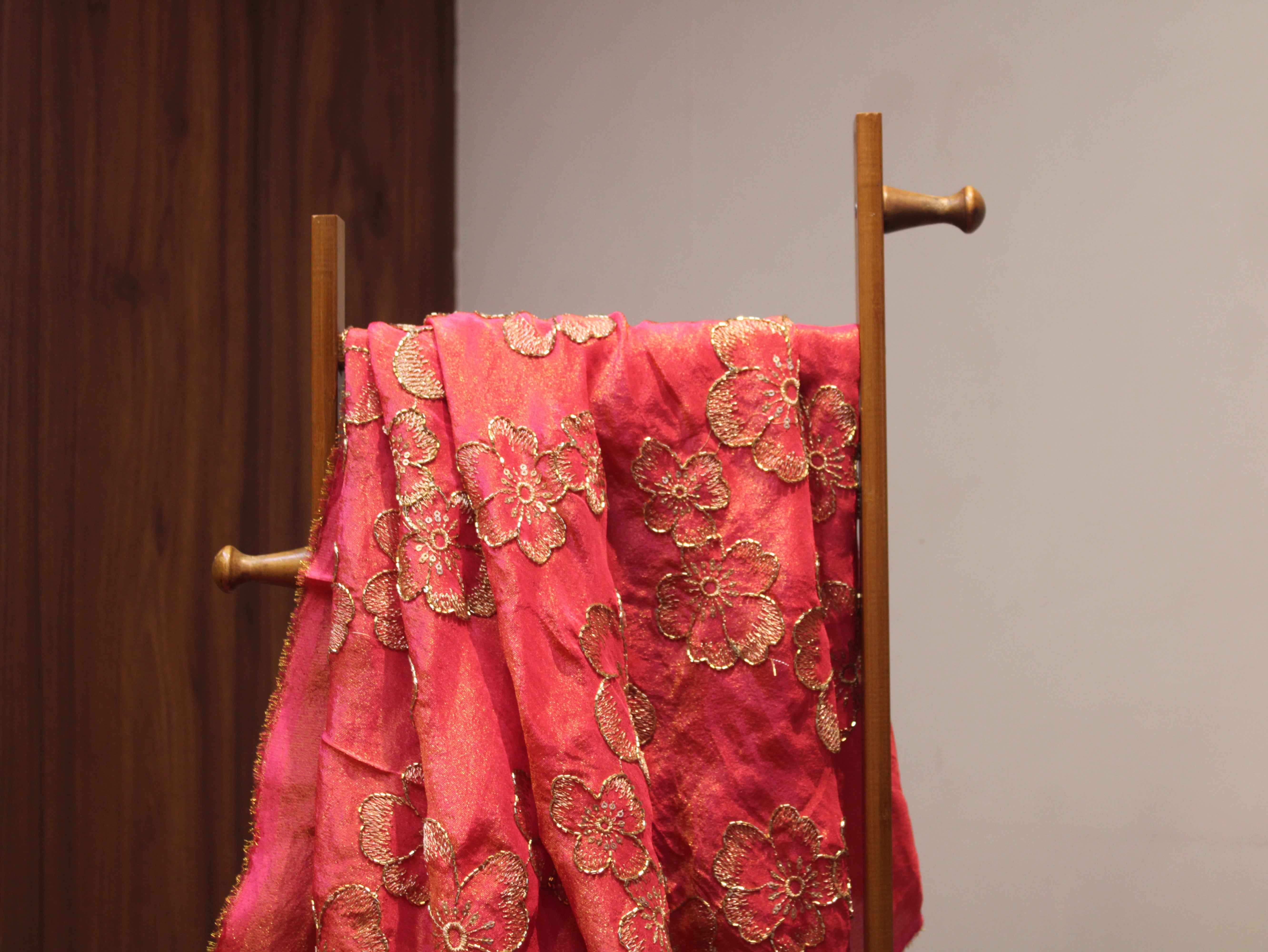 Premium Tissue Fabric with Thread & Semi Bits Floral Work - Dark Peach