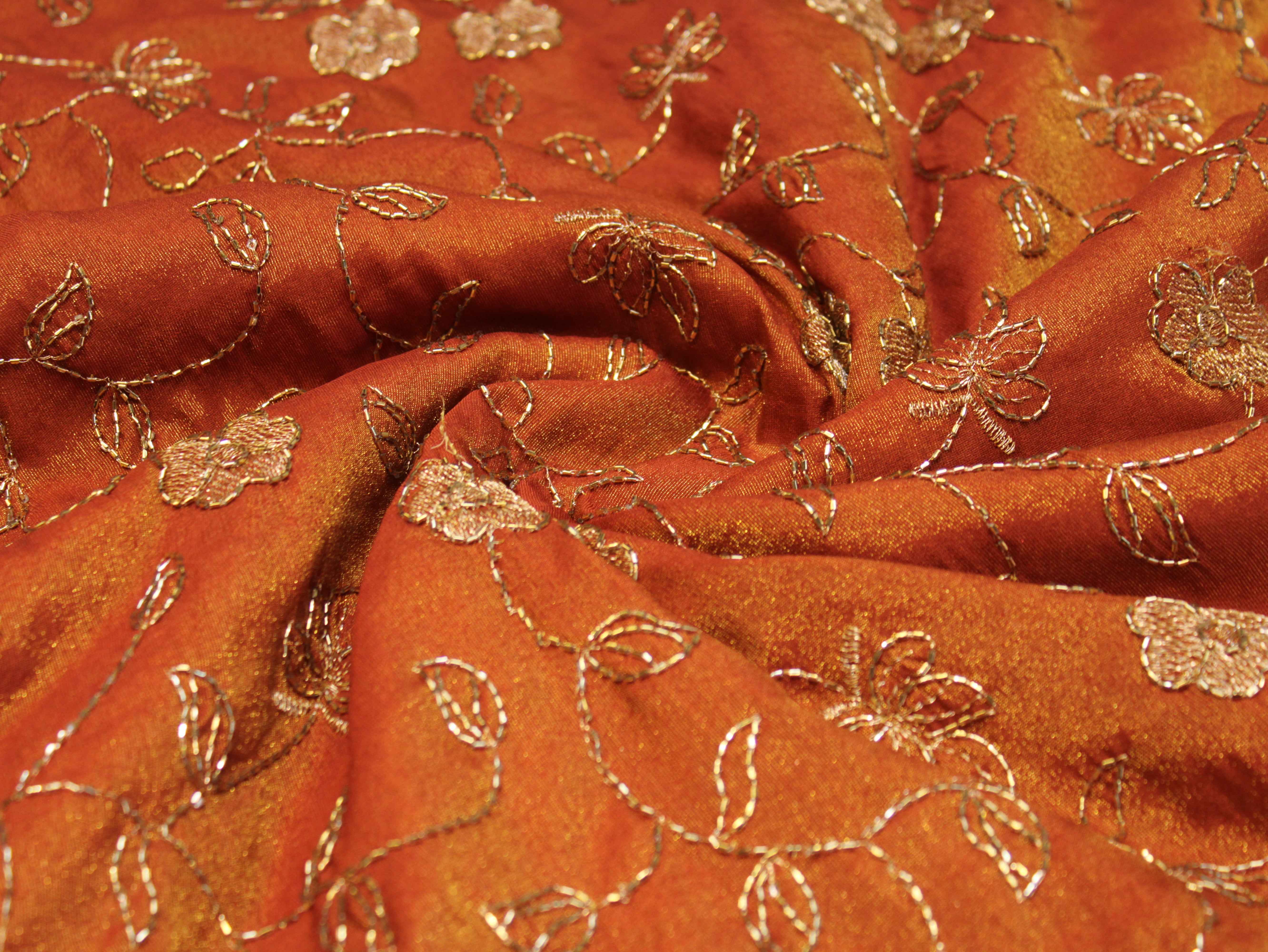 Premium Tissue Fabric with Thread & Semi Bits Floral Work - Rust Orange
