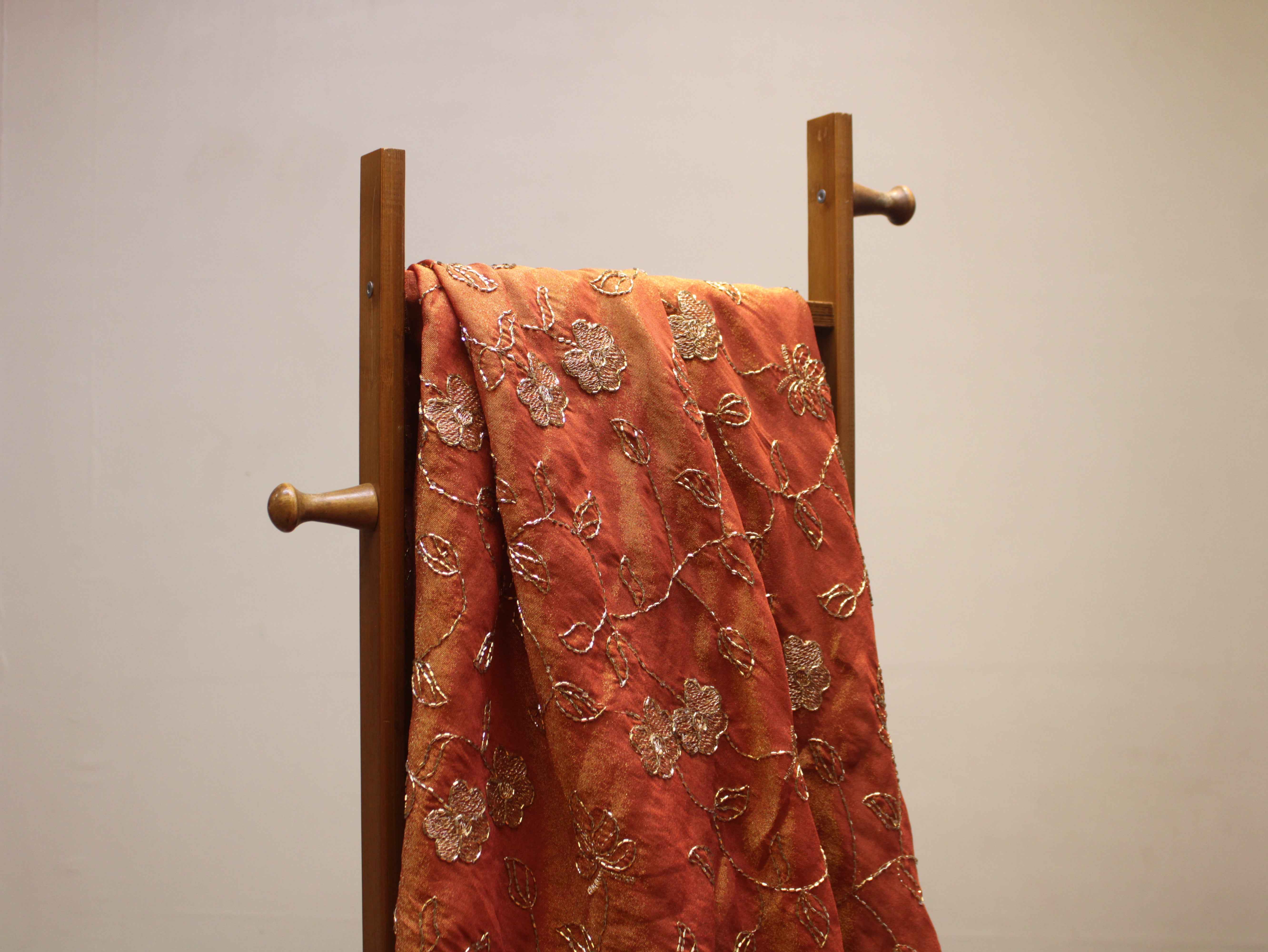 Premium Tissue Fabric with Thread & Semi Bits Floral Work - Rust Orange