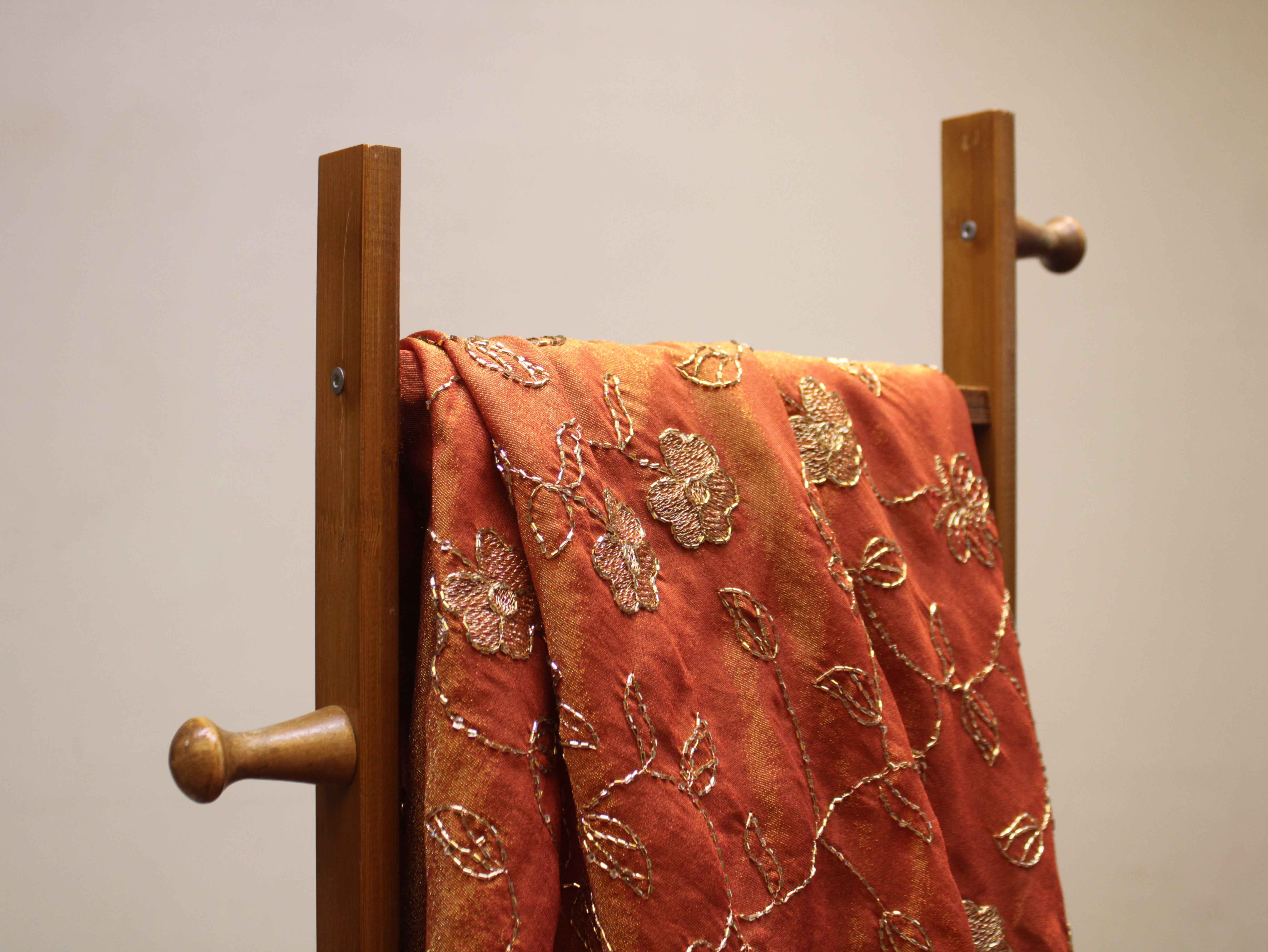 Premium Tissue Fabric with Thread & Semi Bits Floral Work - Rust Orange
