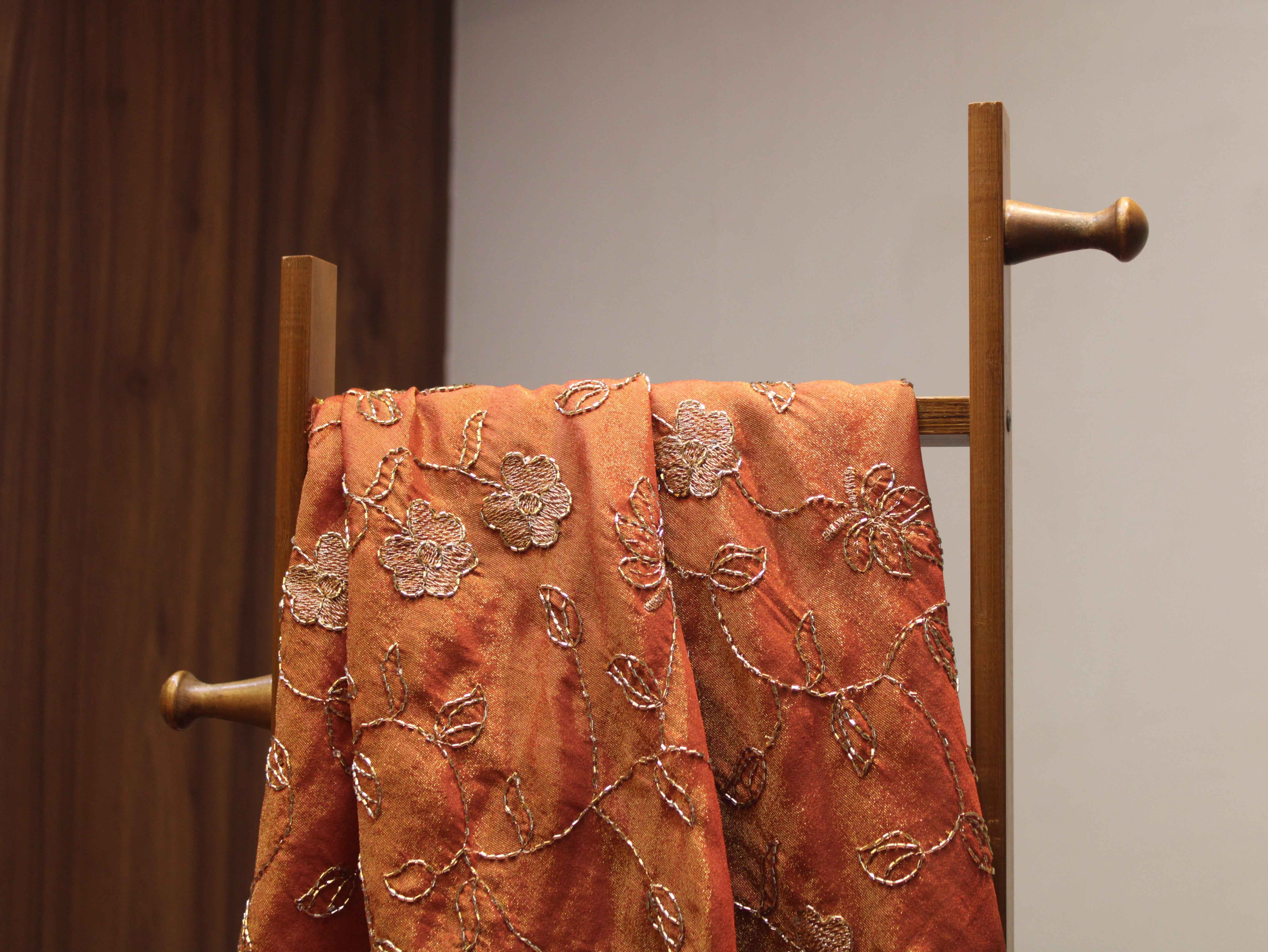 Premium Tissue Fabric with Thread & Semi Bits Floral Work - Rust Orange