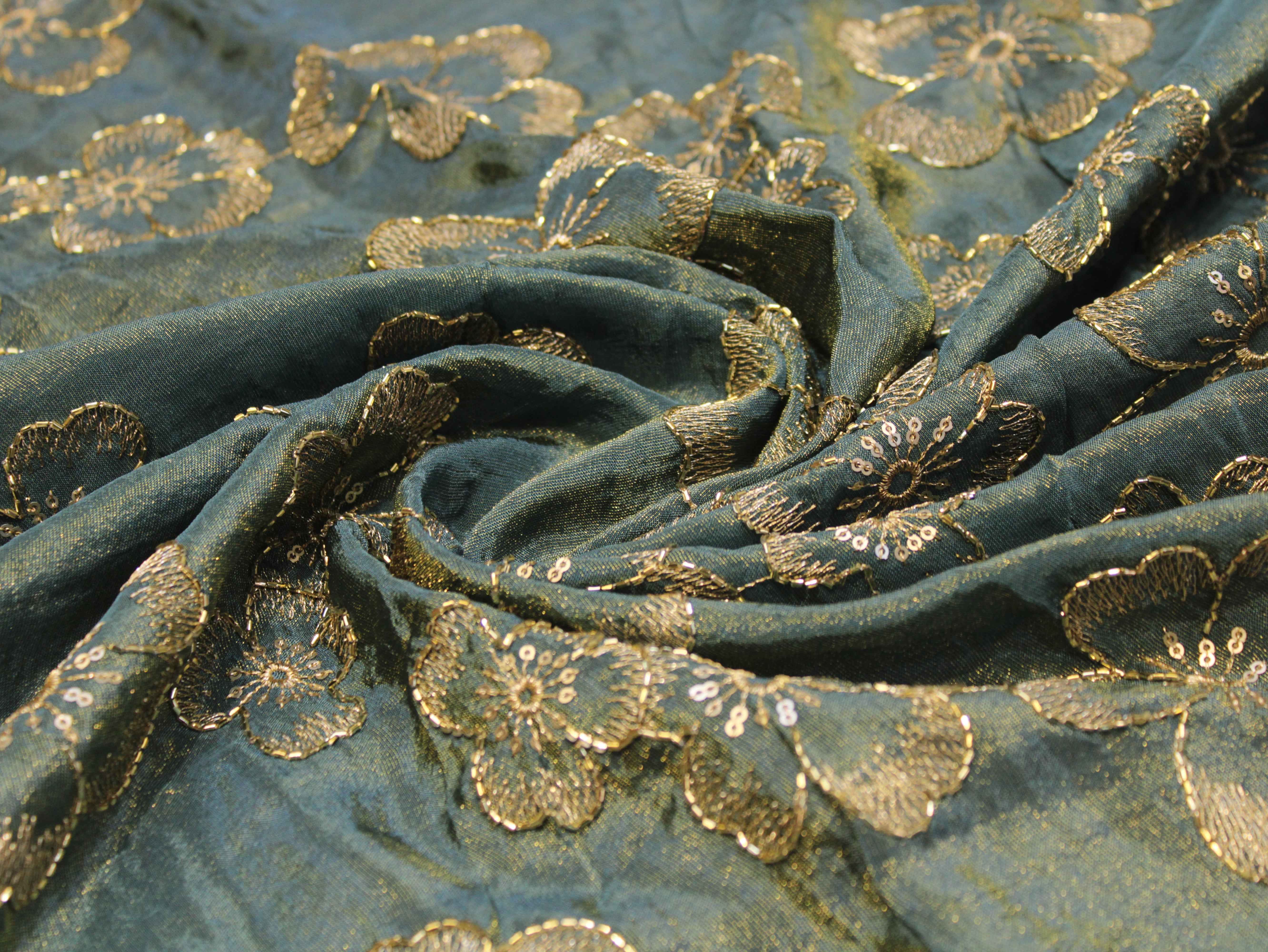 Premium Tissue Fabric with Thread & Semi Bits Floral Work - Peacock Blue