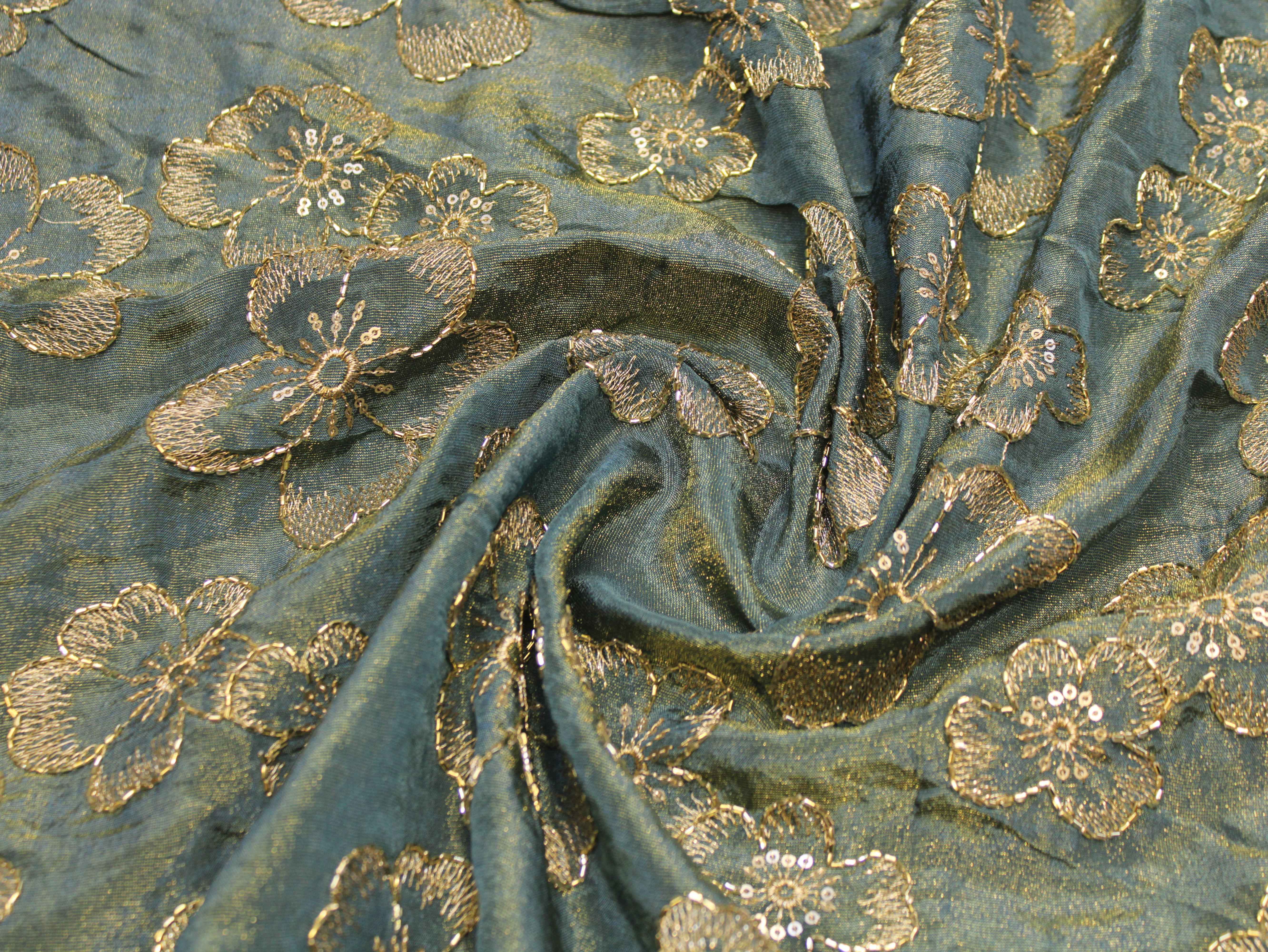 Premium Tissue Fabric with Thread & Semi Bits Floral Work - Peacock Blue