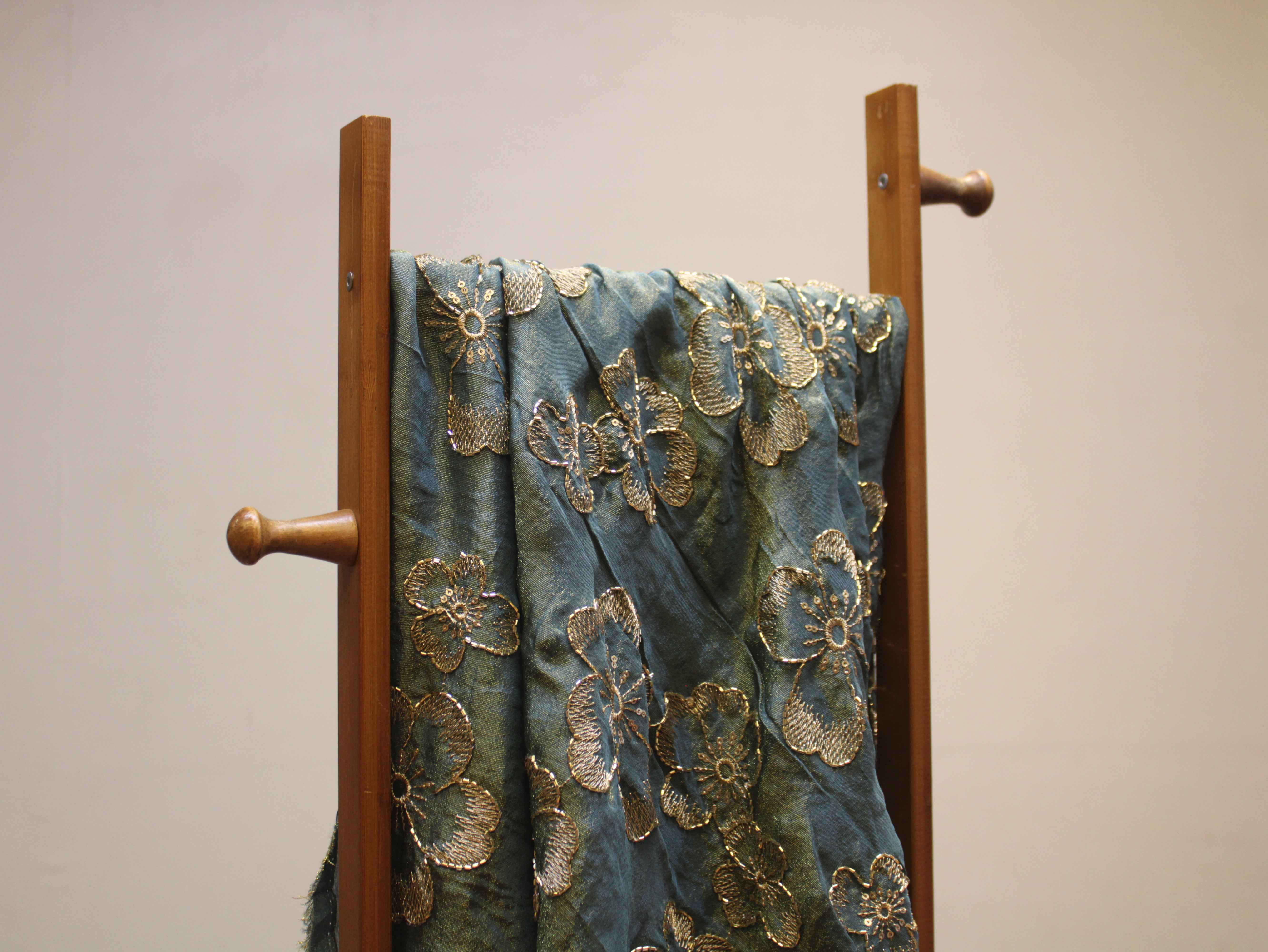 Premium Tissue Fabric with Thread & Semi Bits Floral Work - Peacock Blue
