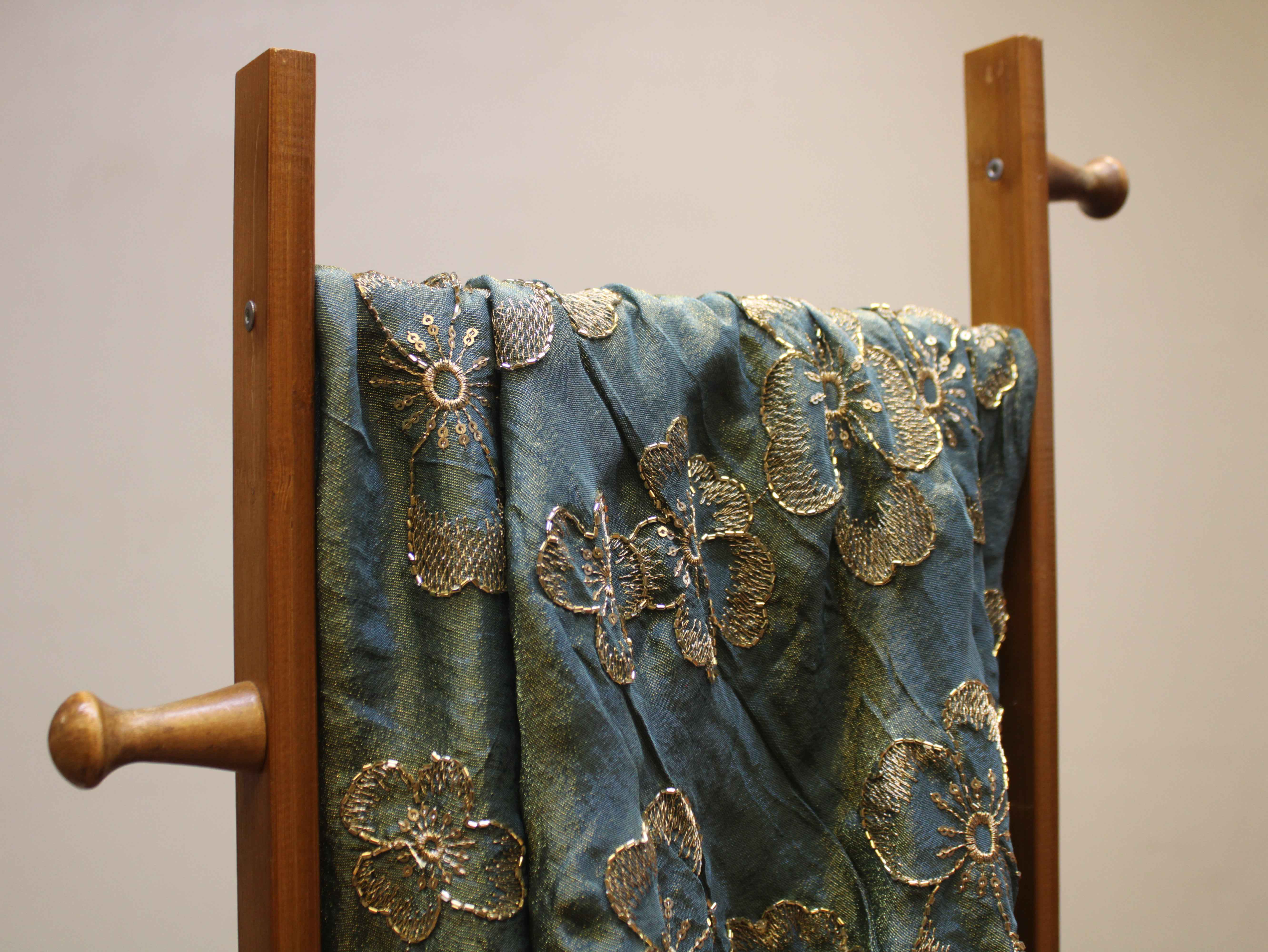 Premium Tissue Fabric with Thread & Semi Bits Floral Work - Peacock Blue