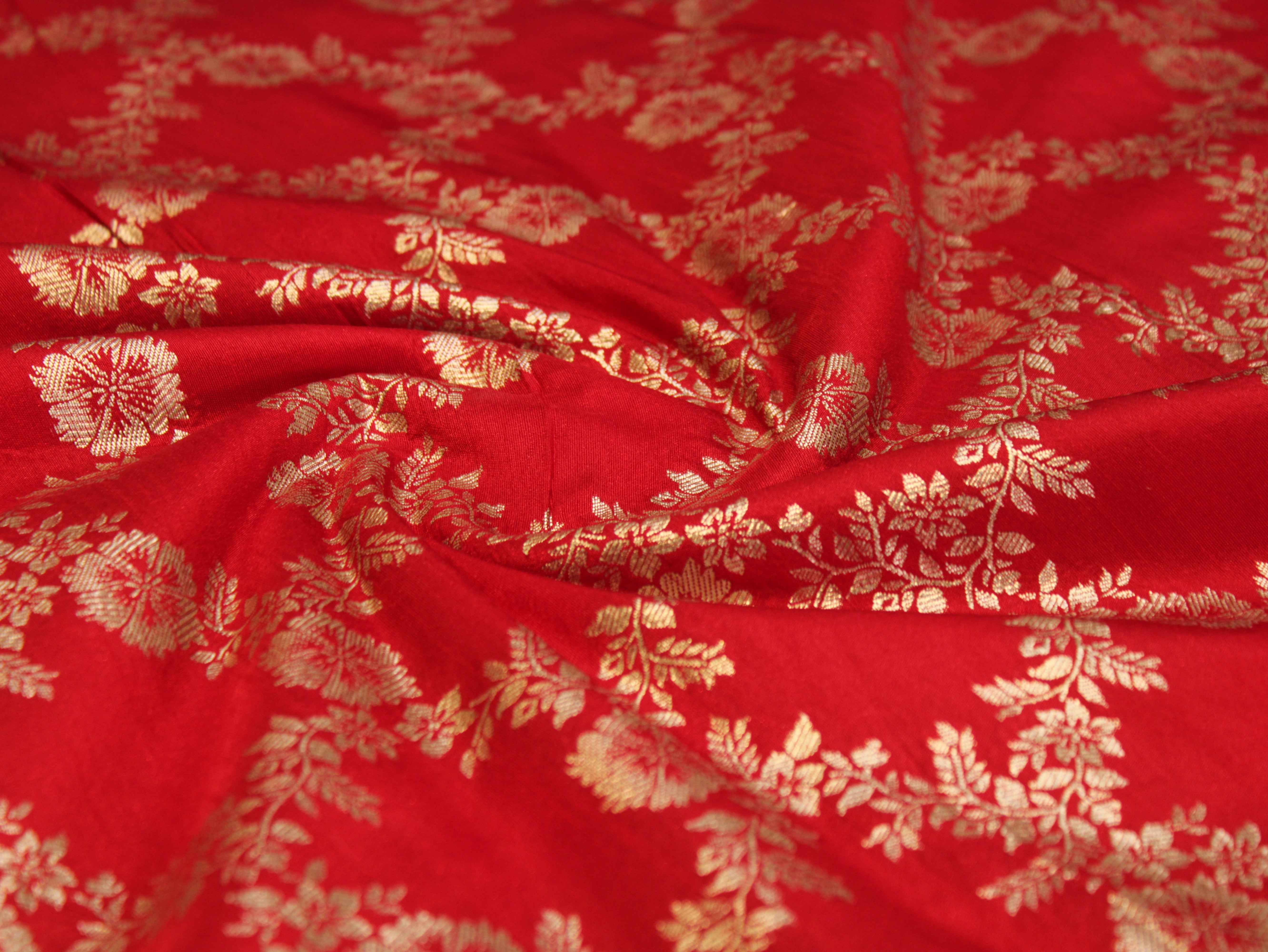 Katan Silk Brocade Fabric - Red