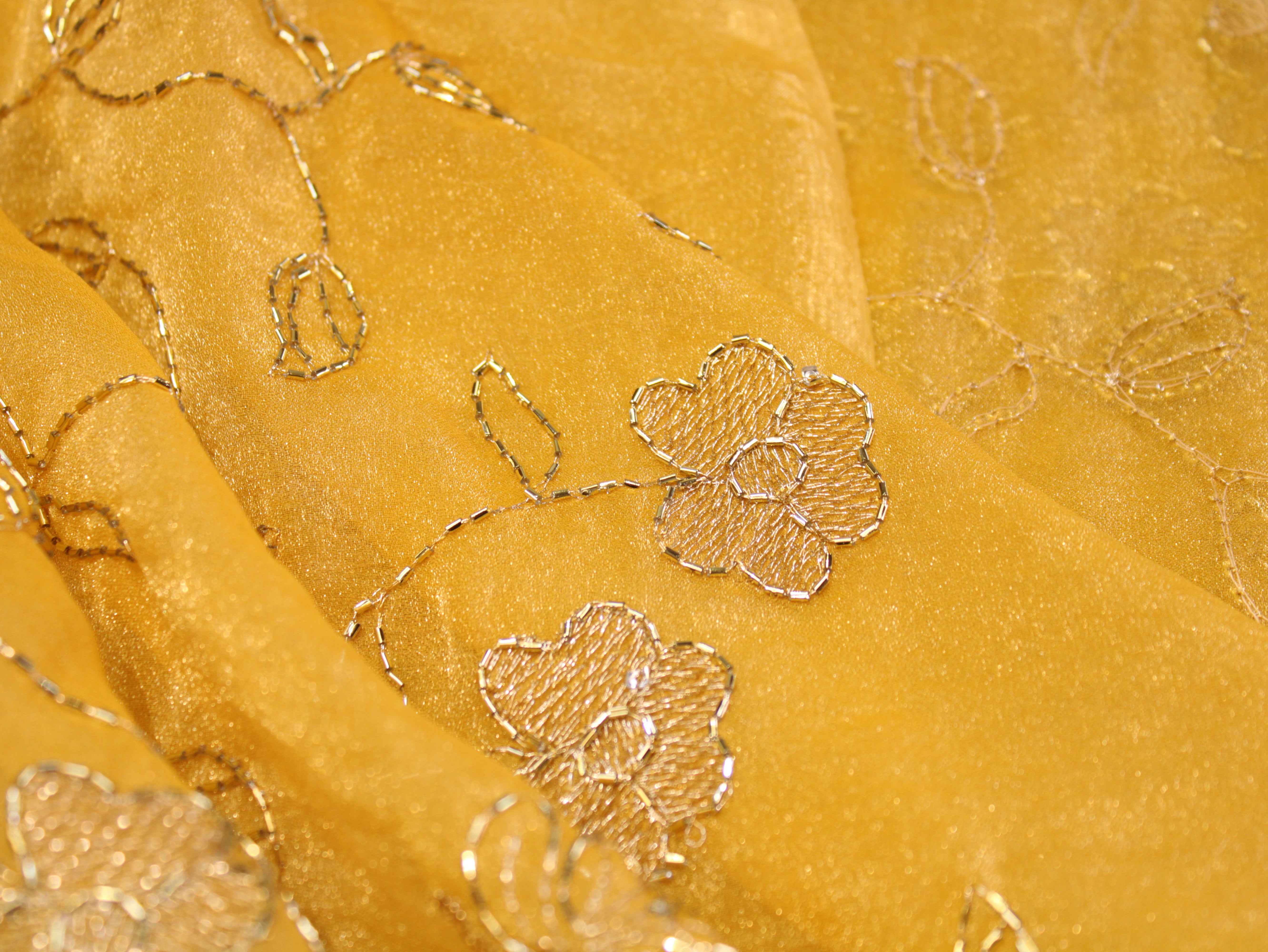 Soft Tissue Organza Fabric with Floral Zari & Semi Bits Work - Mustard