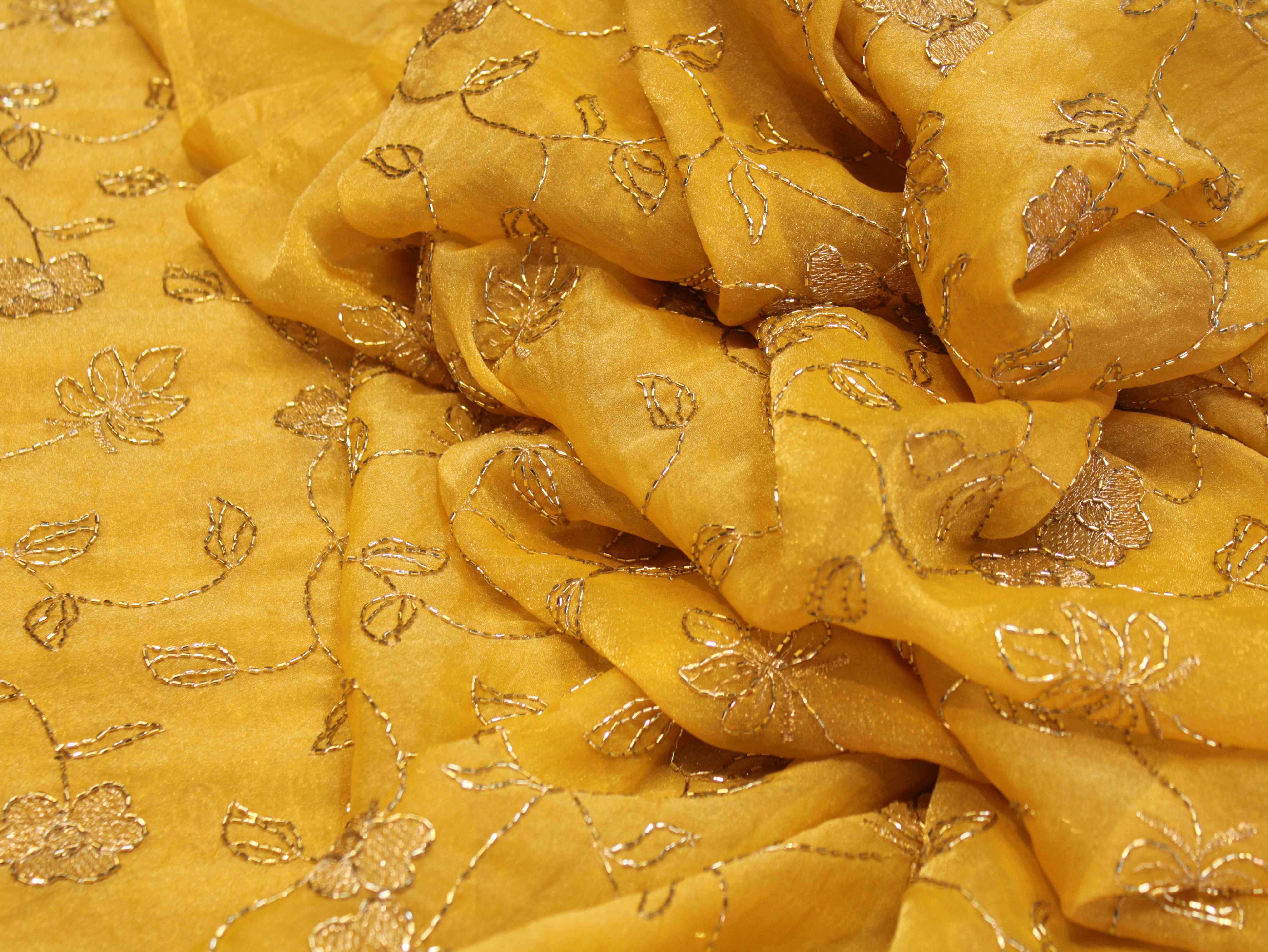 Soft Tissue Organza Fabric with Floral Zari & Semi Bits Work - Mustard