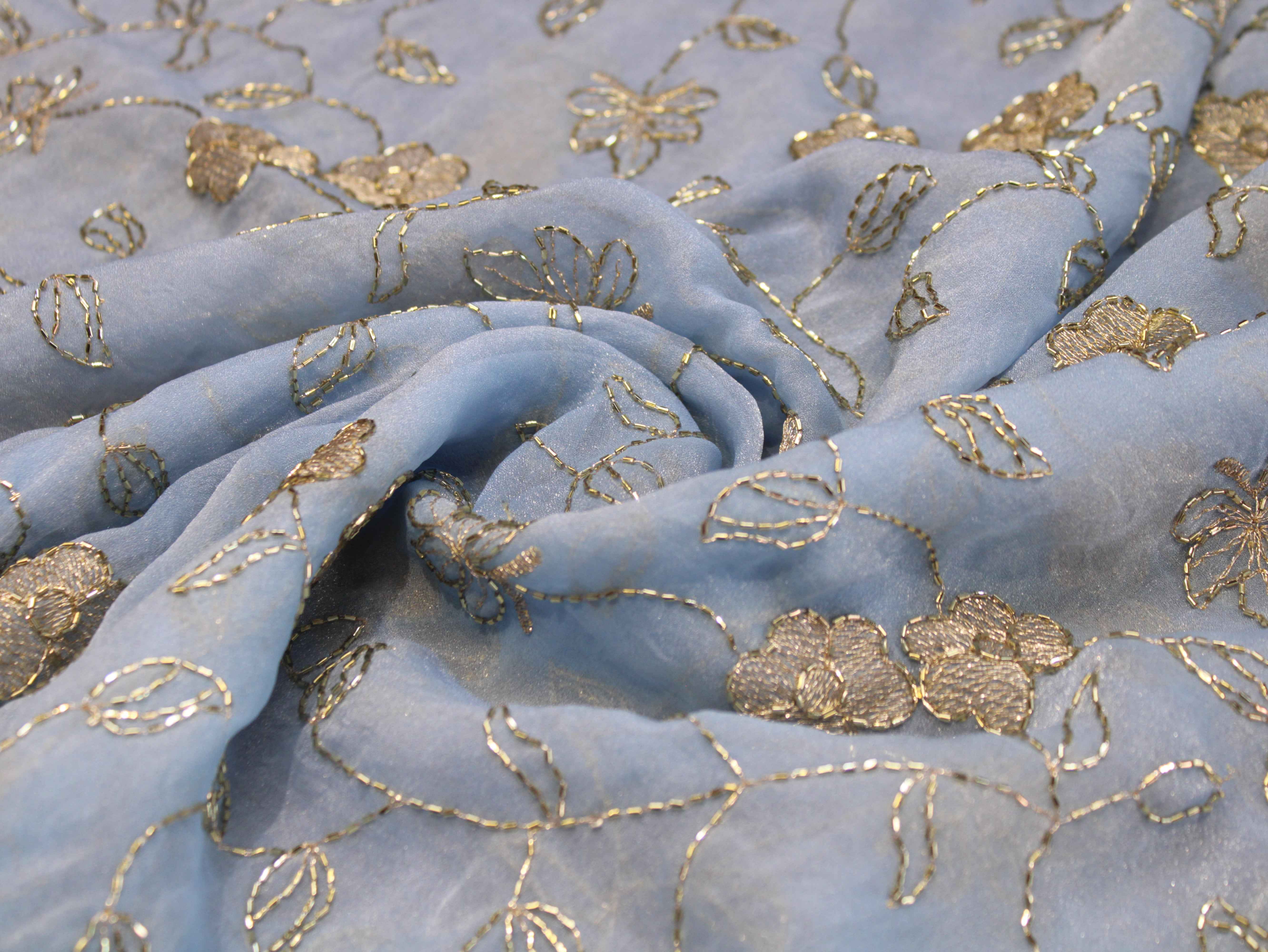 Soft Tissue Organza Fabric with Floral Zari & Semi Bits Work - Light Blue