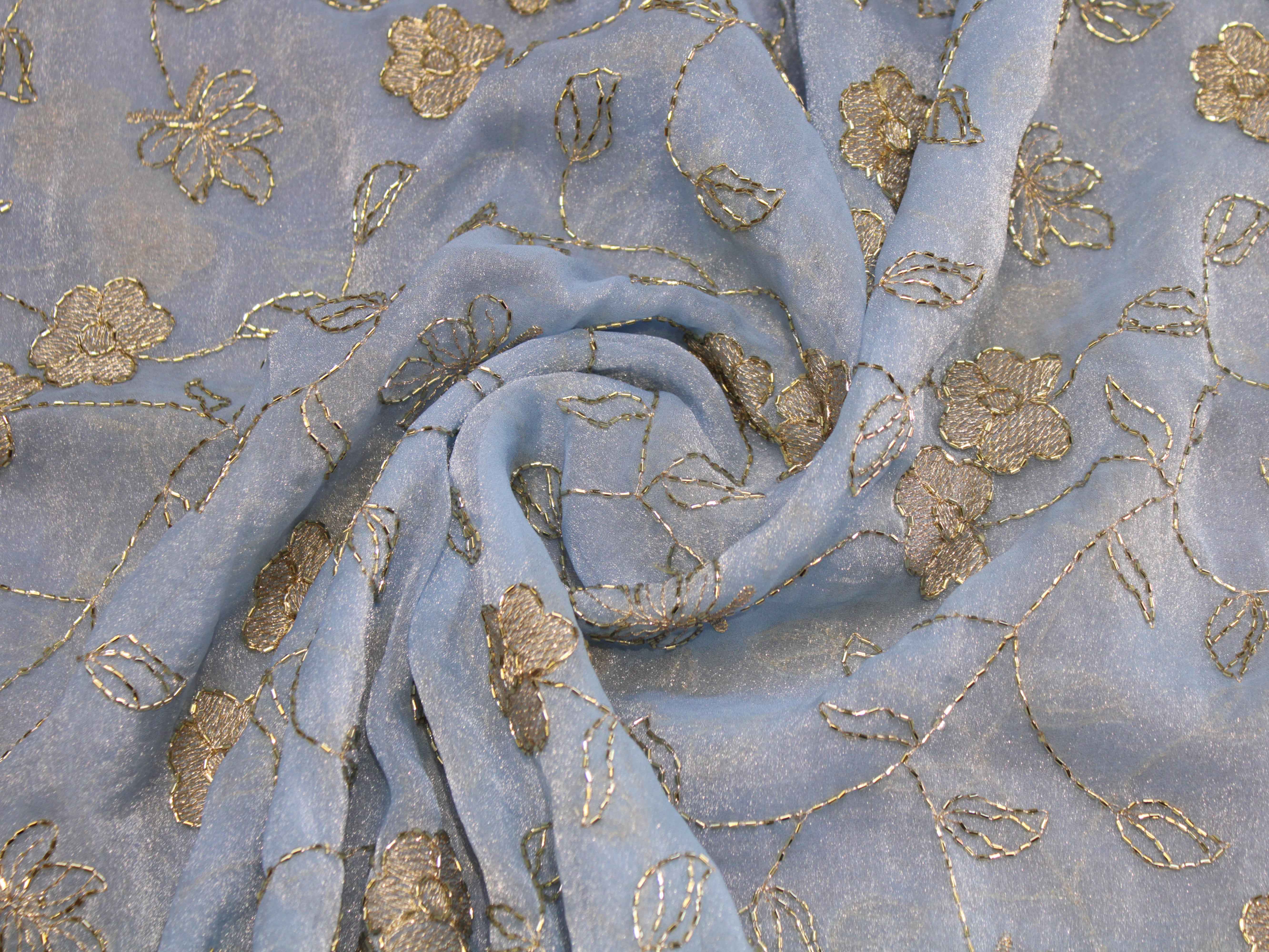 Soft Tissue Organza Fabric with Floral Zari & Semi Bits Work - Light Blue