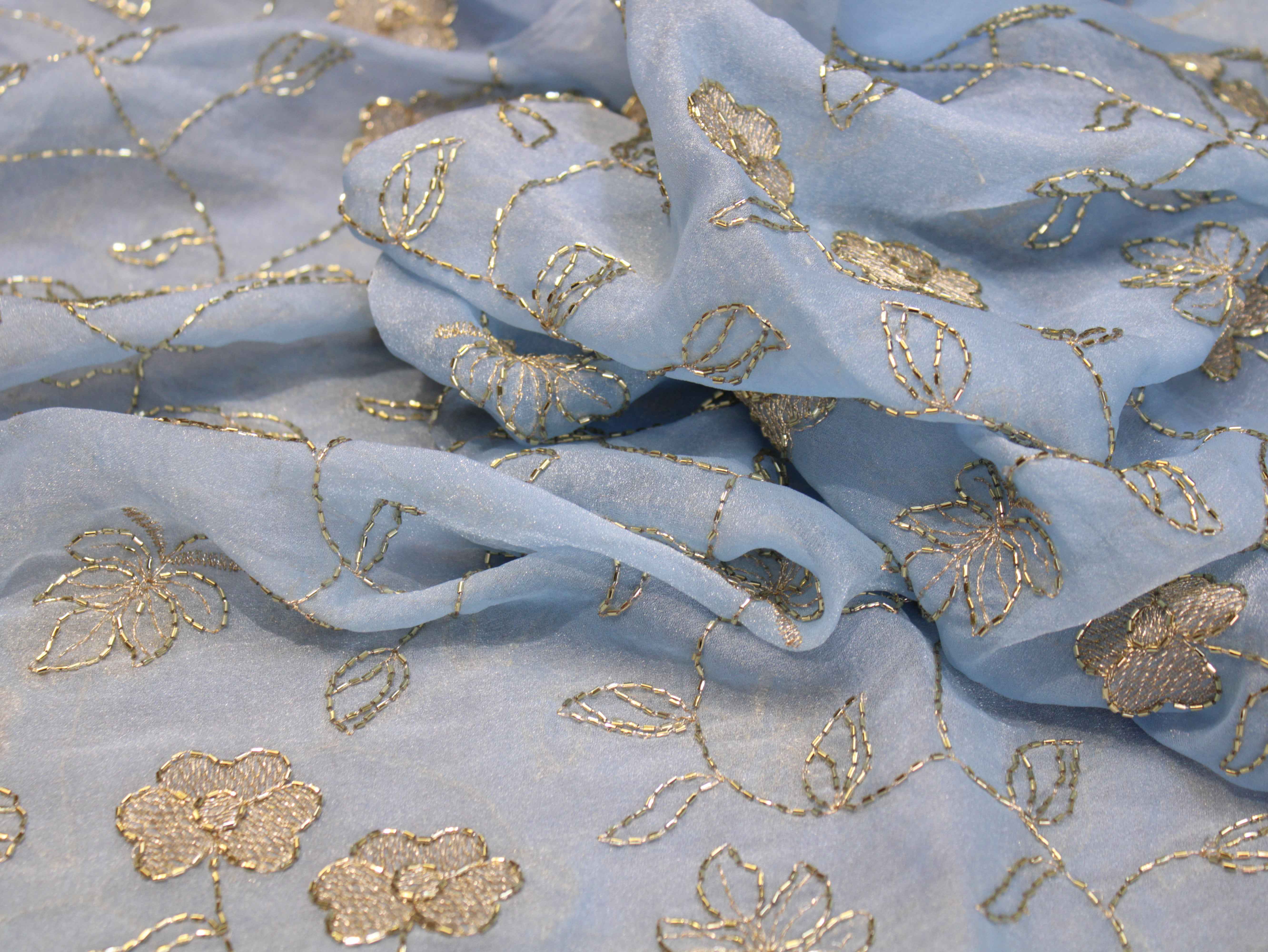 Soft Tissue Organza Fabric with Floral Zari & Semi Bits Work - Light Blue