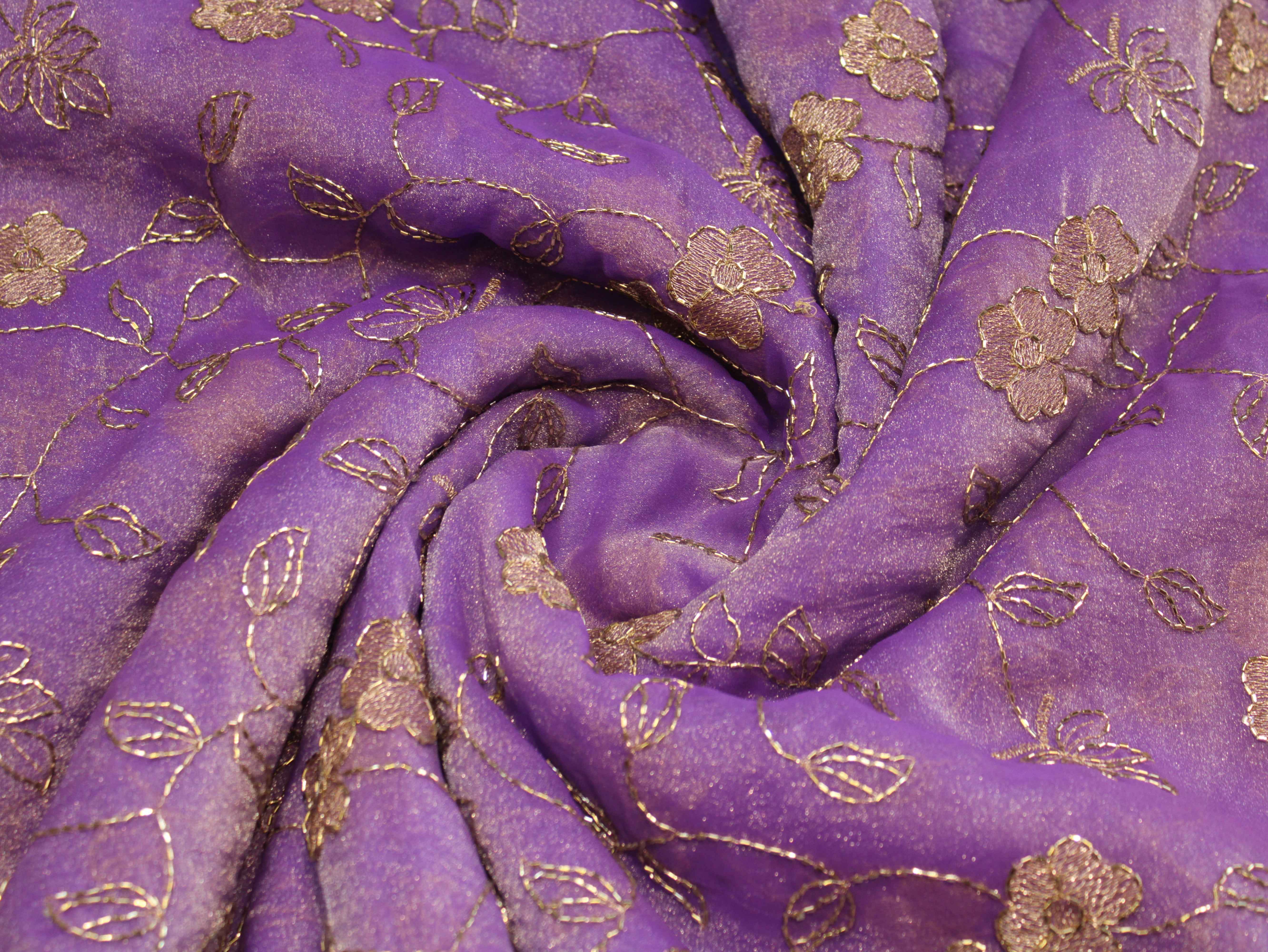 Soft Tissue Organza Fabric with Floral Zari & Semi Bits Work - Light Purple