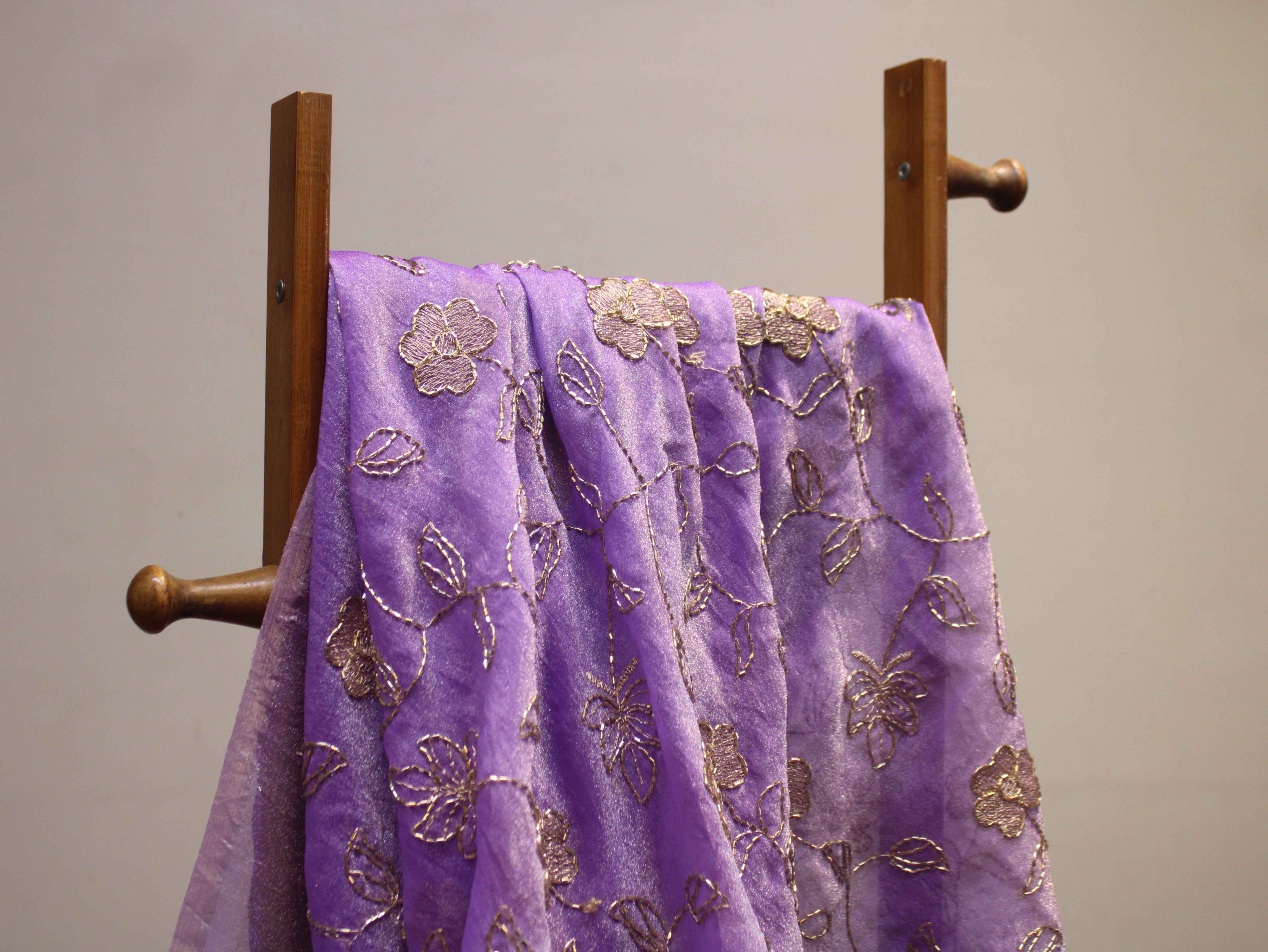 Soft Tissue Organza Fabric with Floral Zari & Semi Bits Work - Light Purple