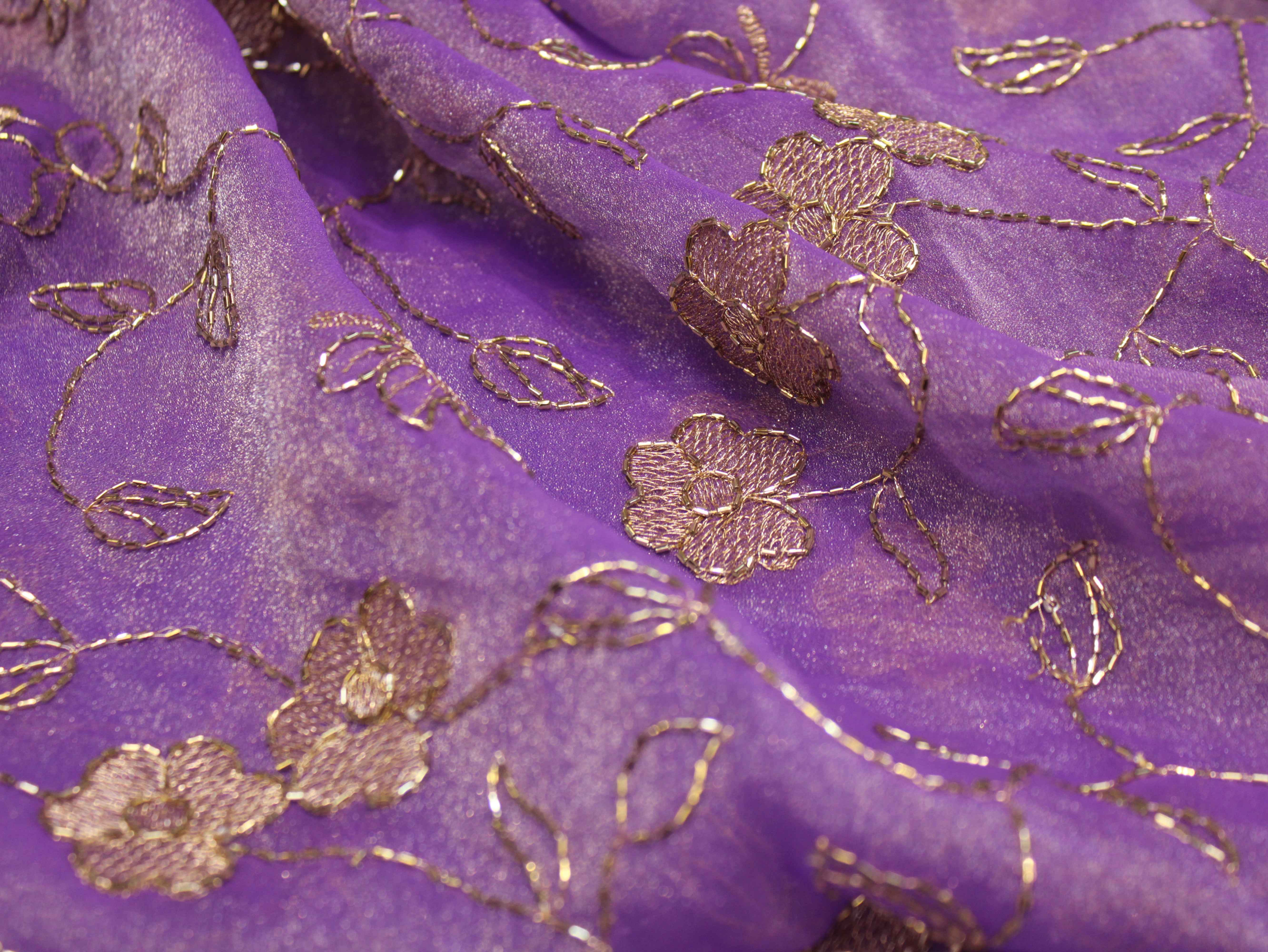 Soft Tissue Organza Fabric with Floral Zari & Semi Bits Work - Light Purple