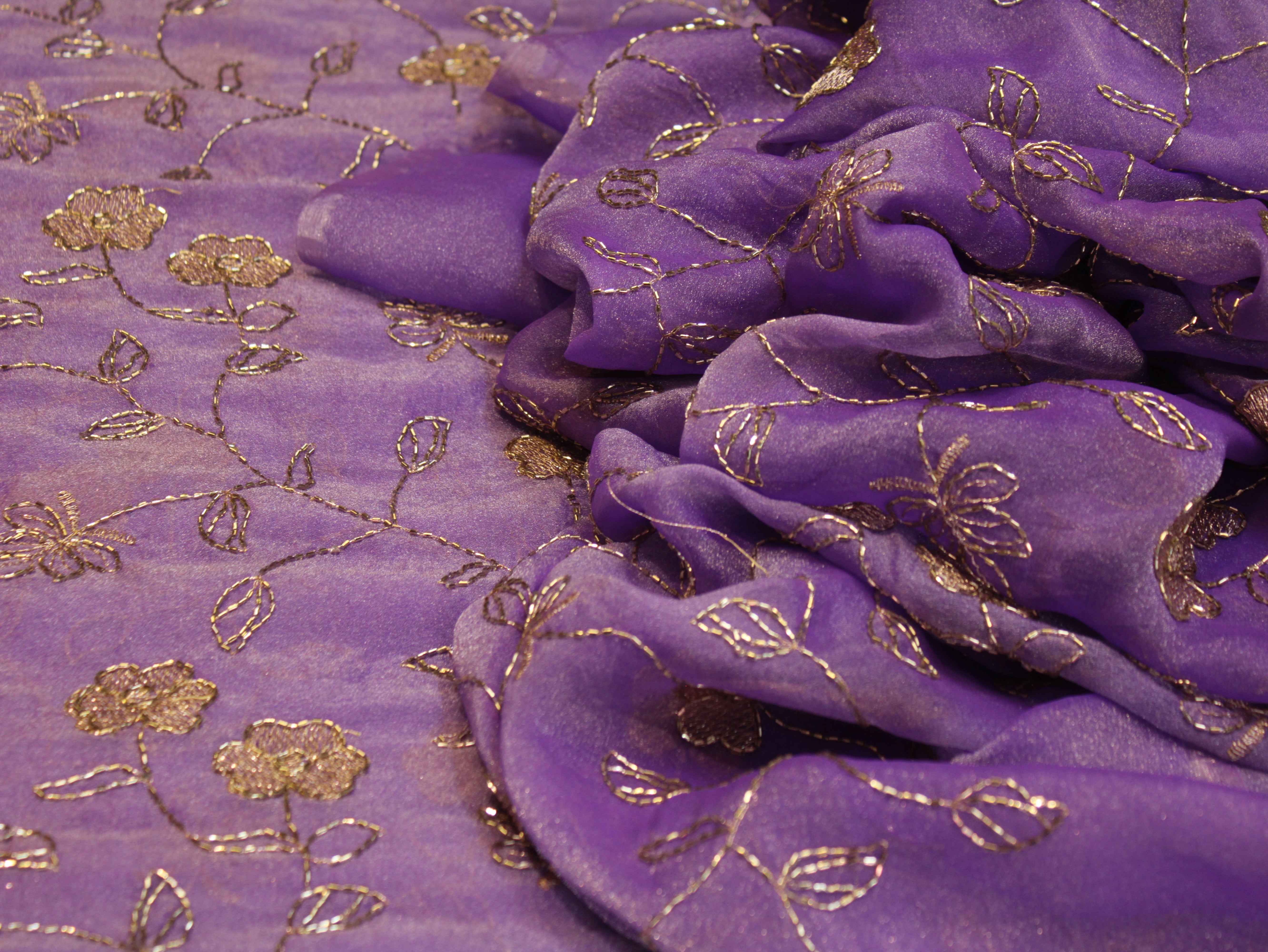 Soft Tissue Organza Fabric with Floral Zari & Semi Bits Work - Light Purple