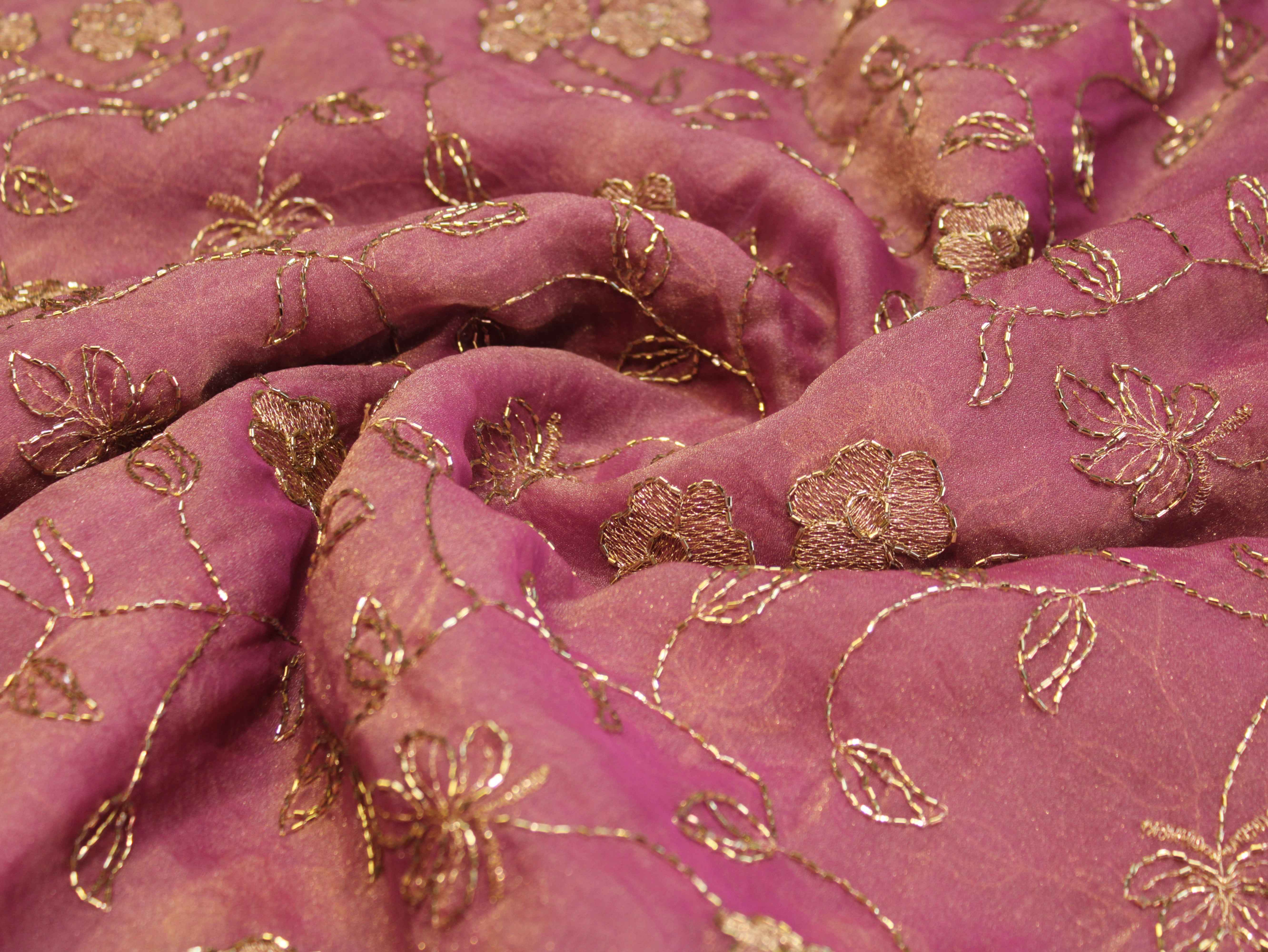 Soft Tissue Organza Fabric with Floral Zari & Semi Bits Work - Onion