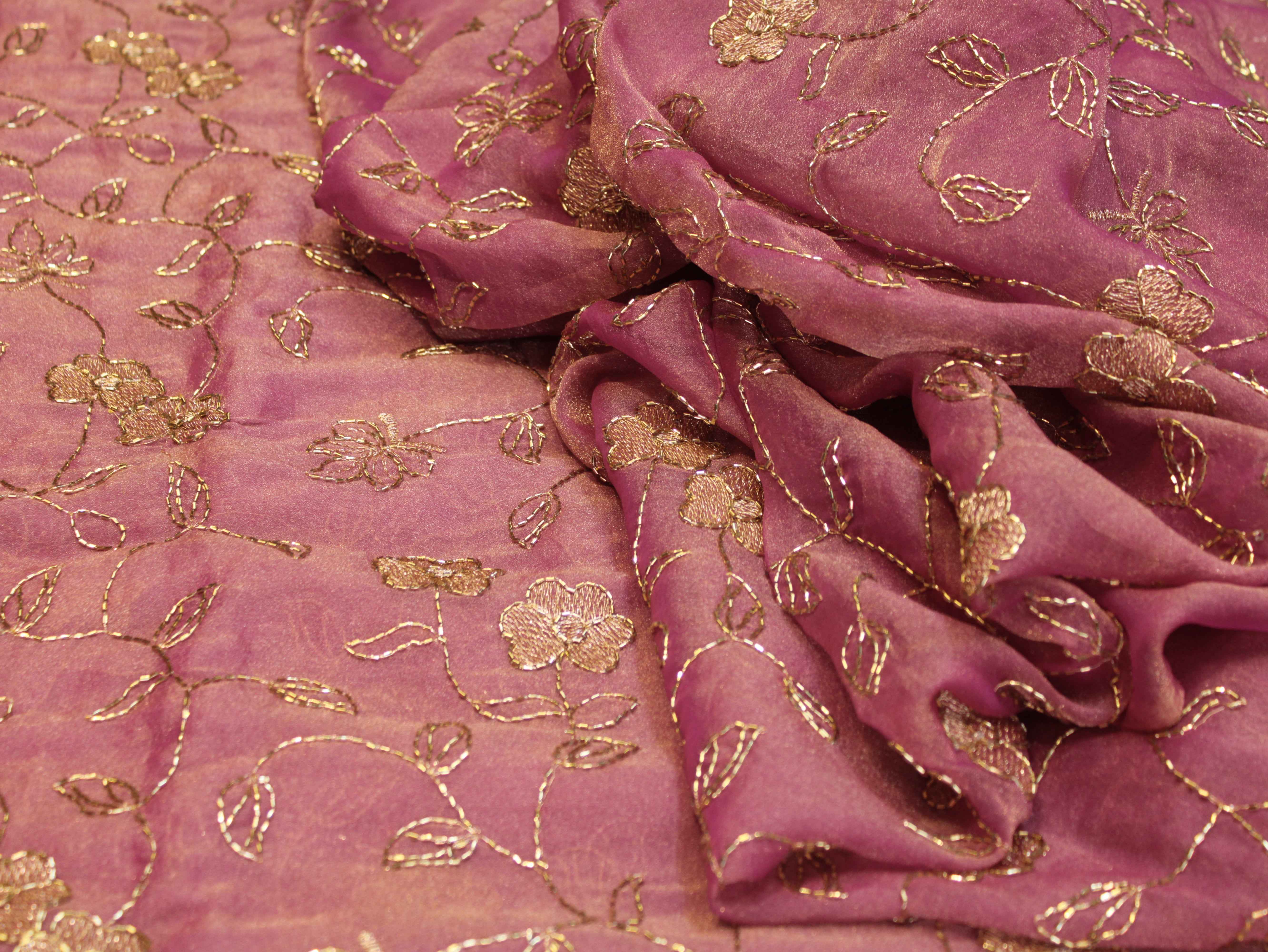 Soft Tissue Organza Fabric with Floral Zari & Semi Bits Work - Onion