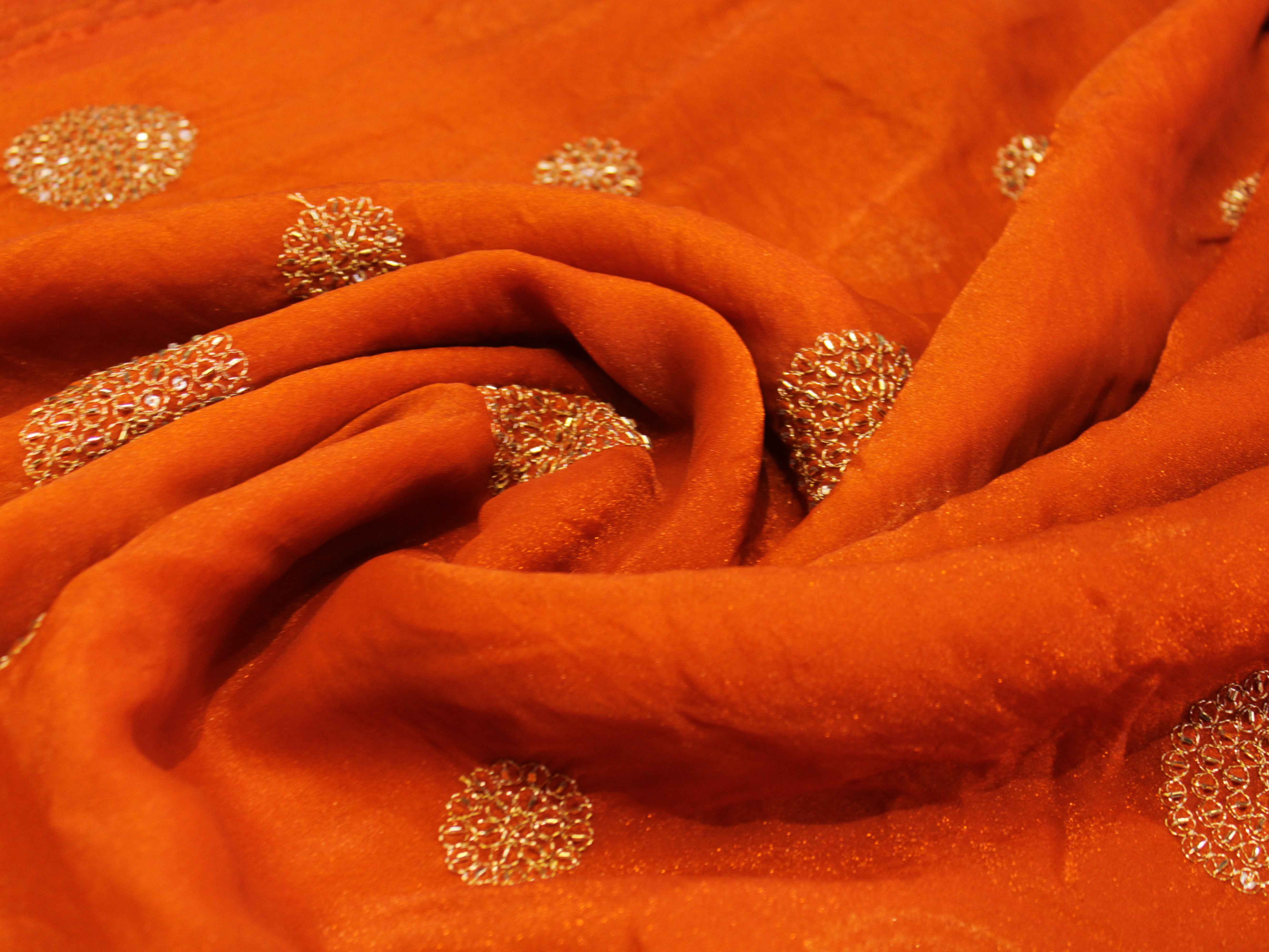 Premium Soft Tissue Organza with Round Patch Zari & Semi Bits Work - Rusty Orange