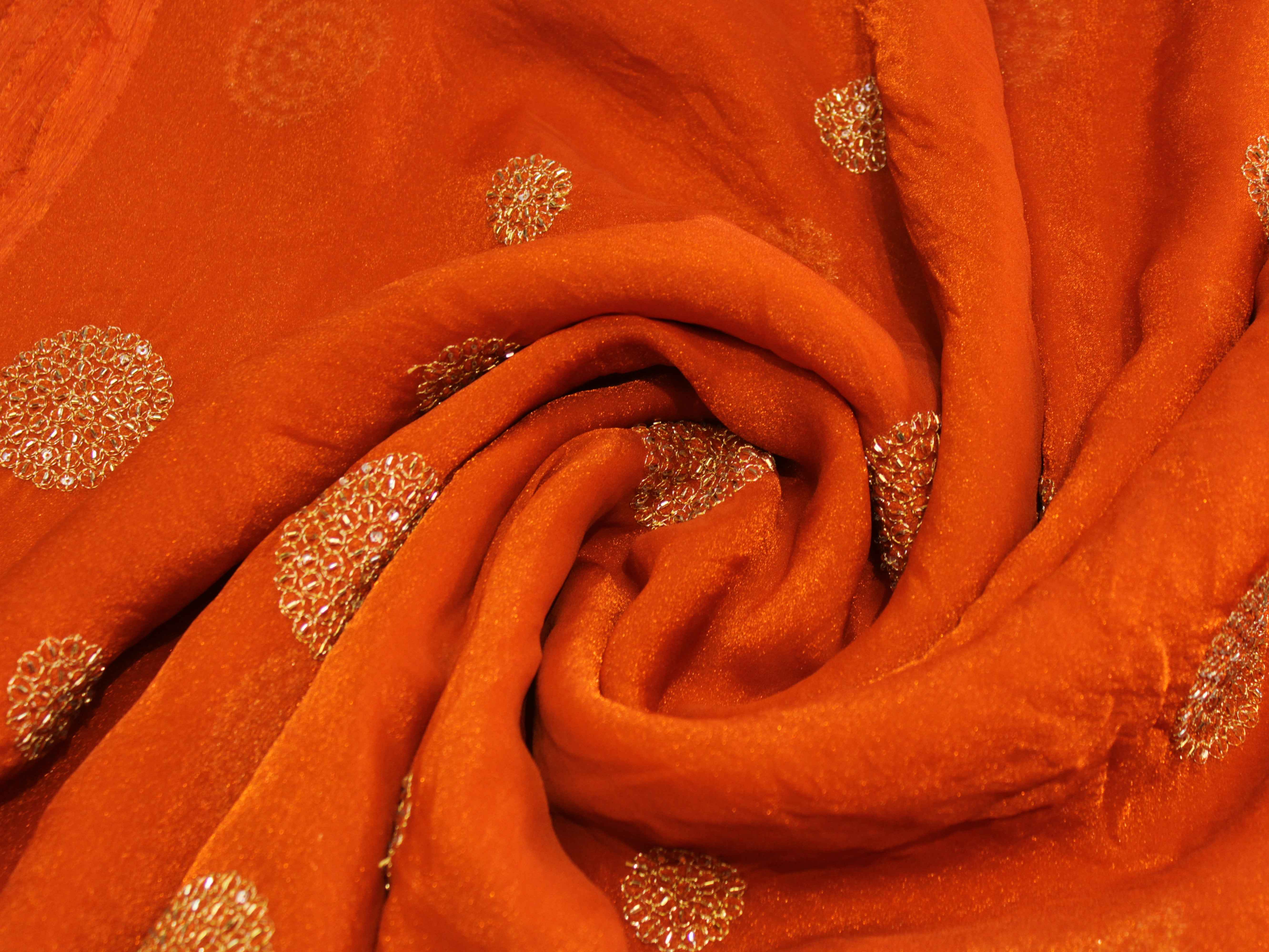 Premium Soft Tissue Organza with Round Patch Zari & Semi Bits Work - Rusty Orange