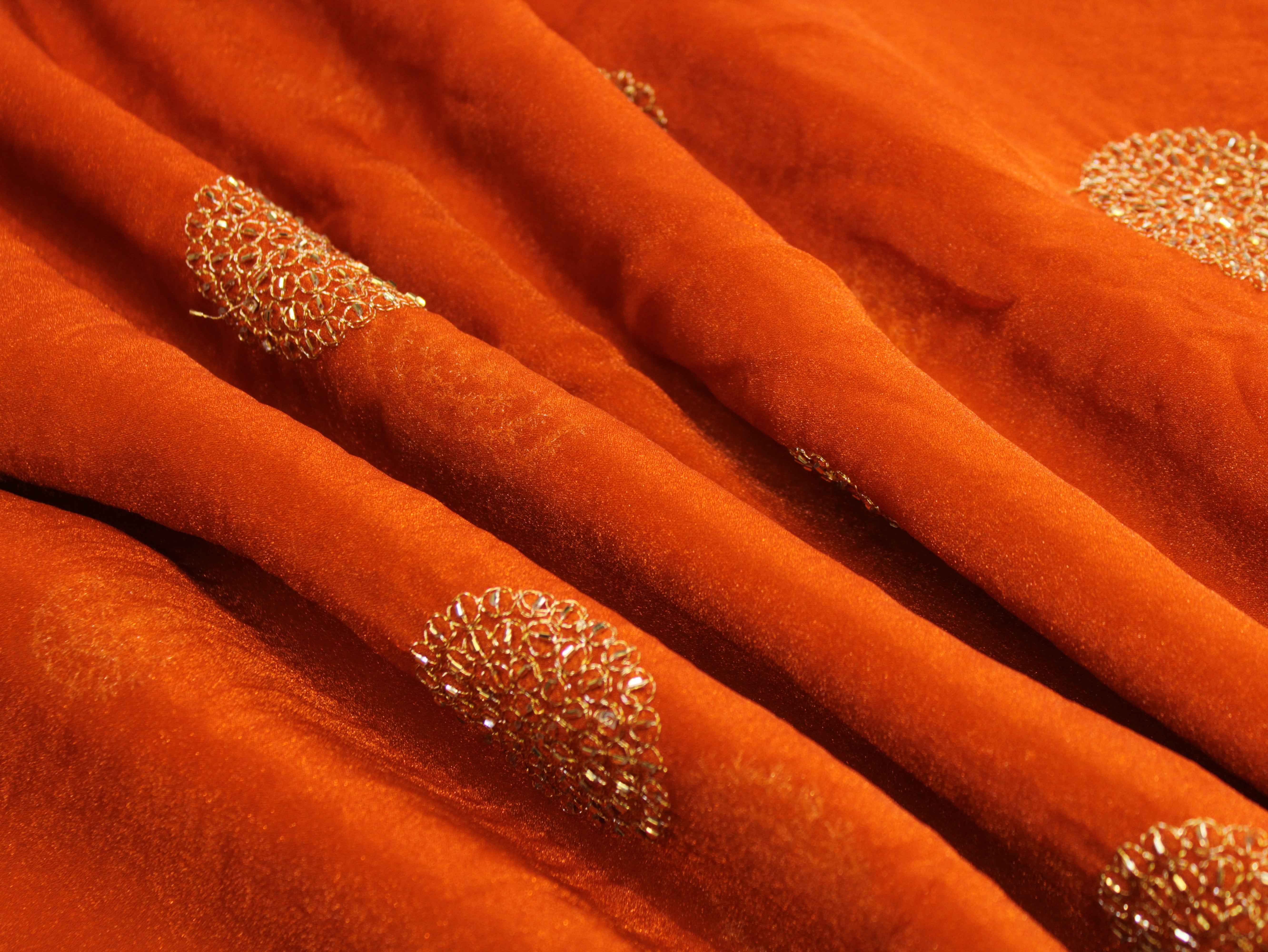 Premium Soft Tissue Organza with Round Patch Zari & Semi Bits Work - Rusty Orange