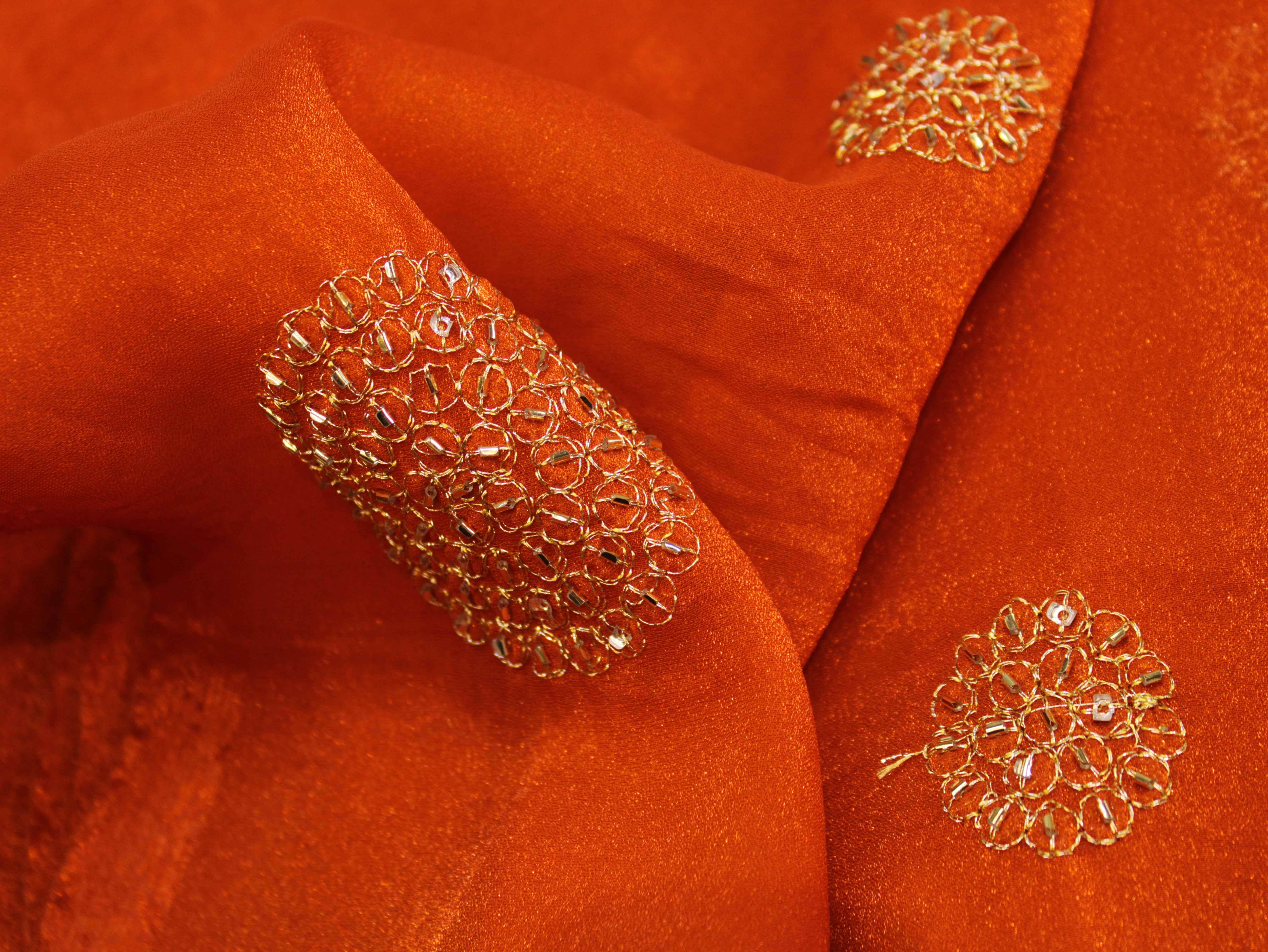 Premium Soft Tissue Organza with Round Patch Zari & Semi Bits Work - Rusty Orange