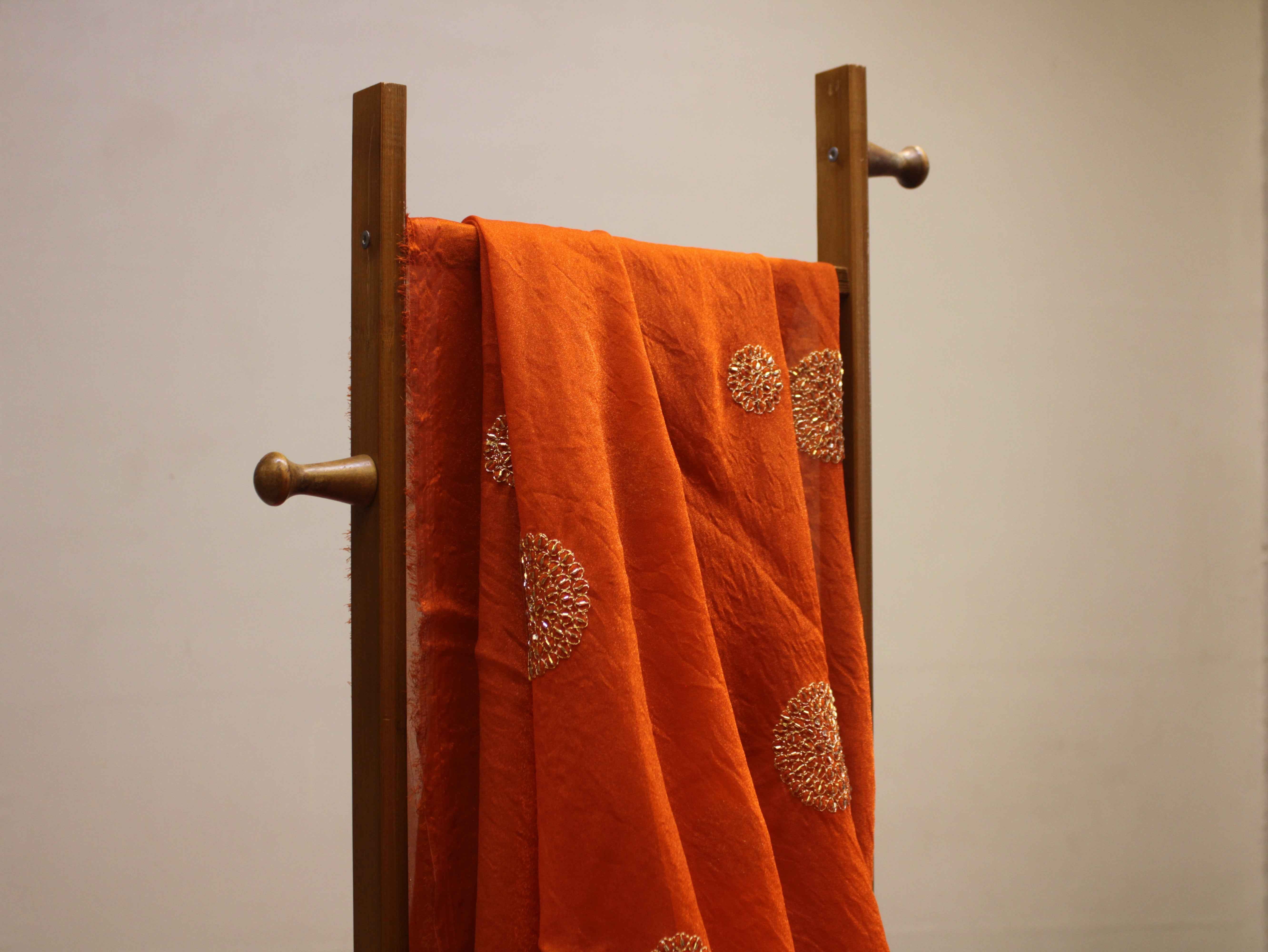 Premium Soft Tissue Organza with Round Patch Zari & Semi Bits Work - Rusty Orange