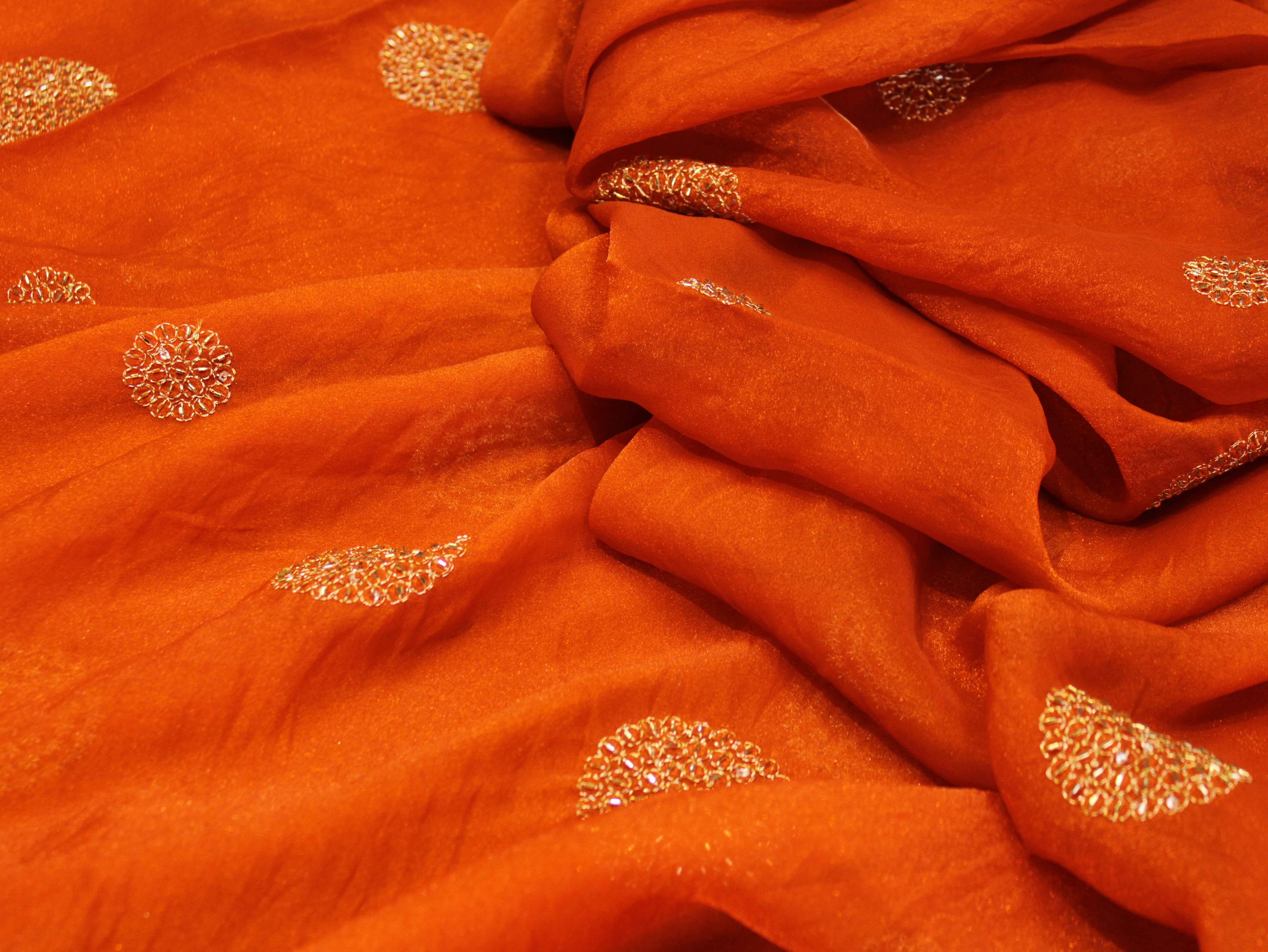 Premium Soft Tissue Organza with Round Patch Zari & Semi Bits Work - Rusty Orange
