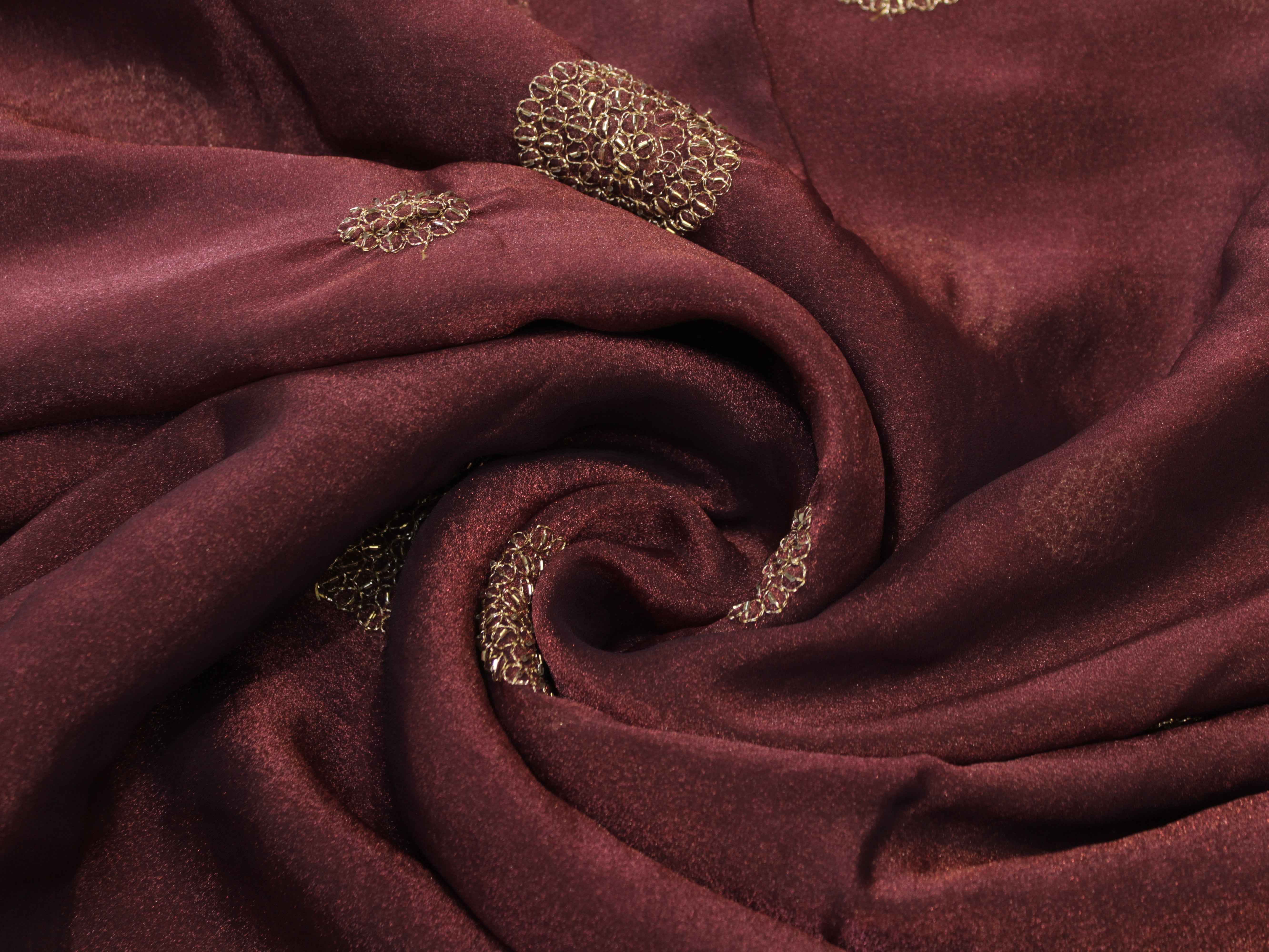 Premium Soft Tissue Organza with Round Patch Zari & Semi Bits Work - Wine