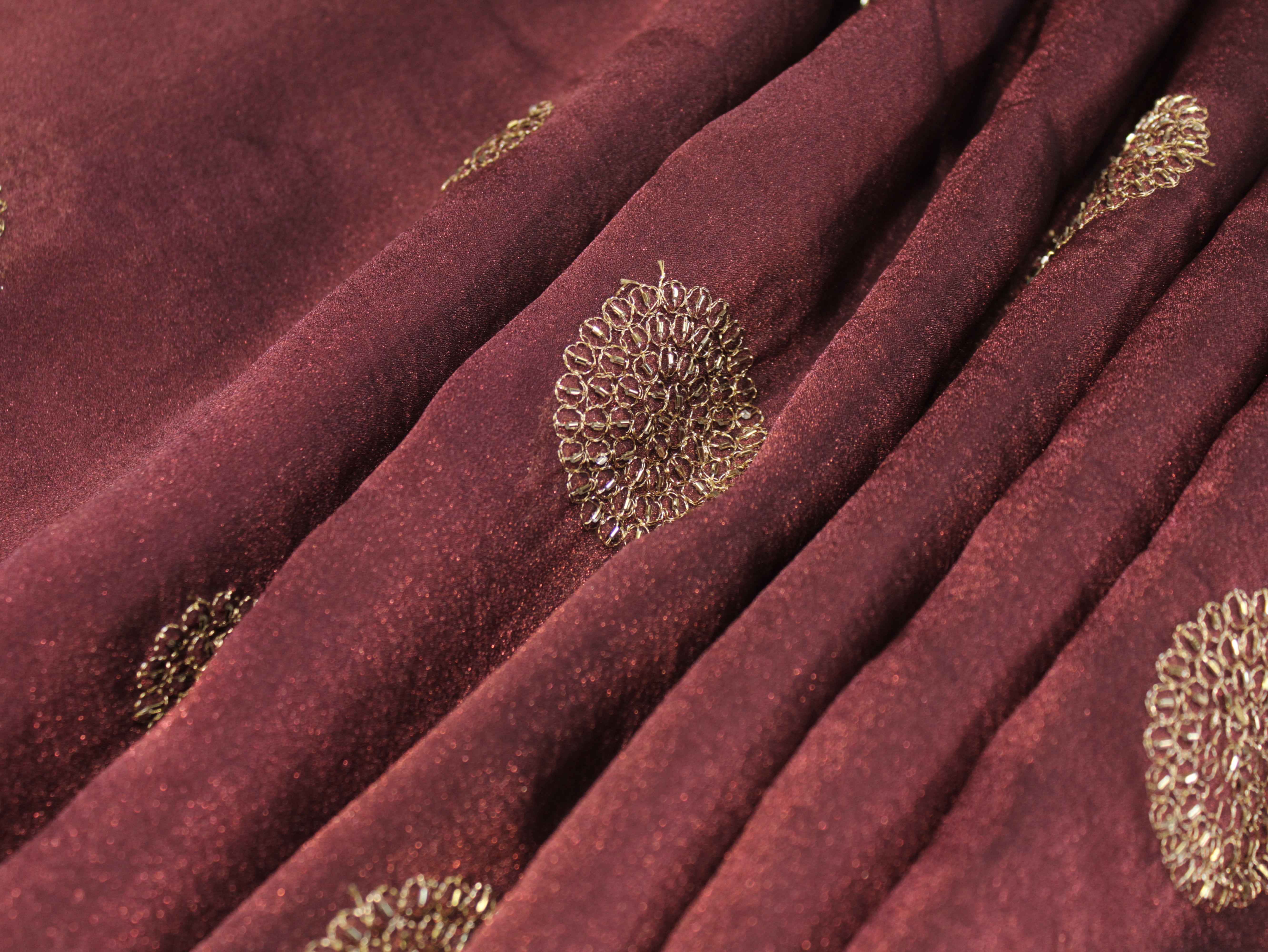 Premium Soft Tissue Organza with Round Patch Zari & Semi Bits Work - Wine