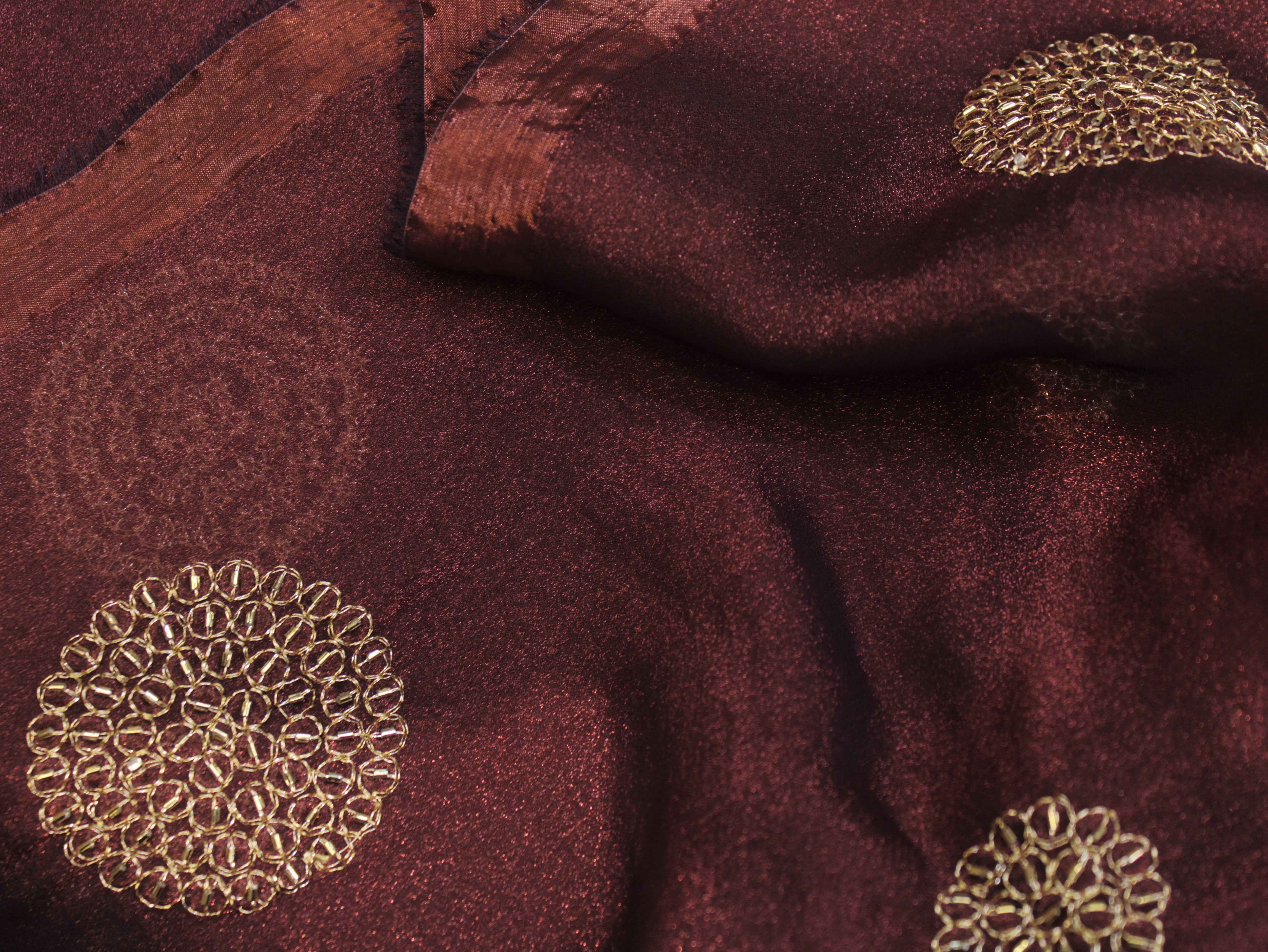 Premium Soft Tissue Organza with Round Patch Zari & Semi Bits Work - Wine