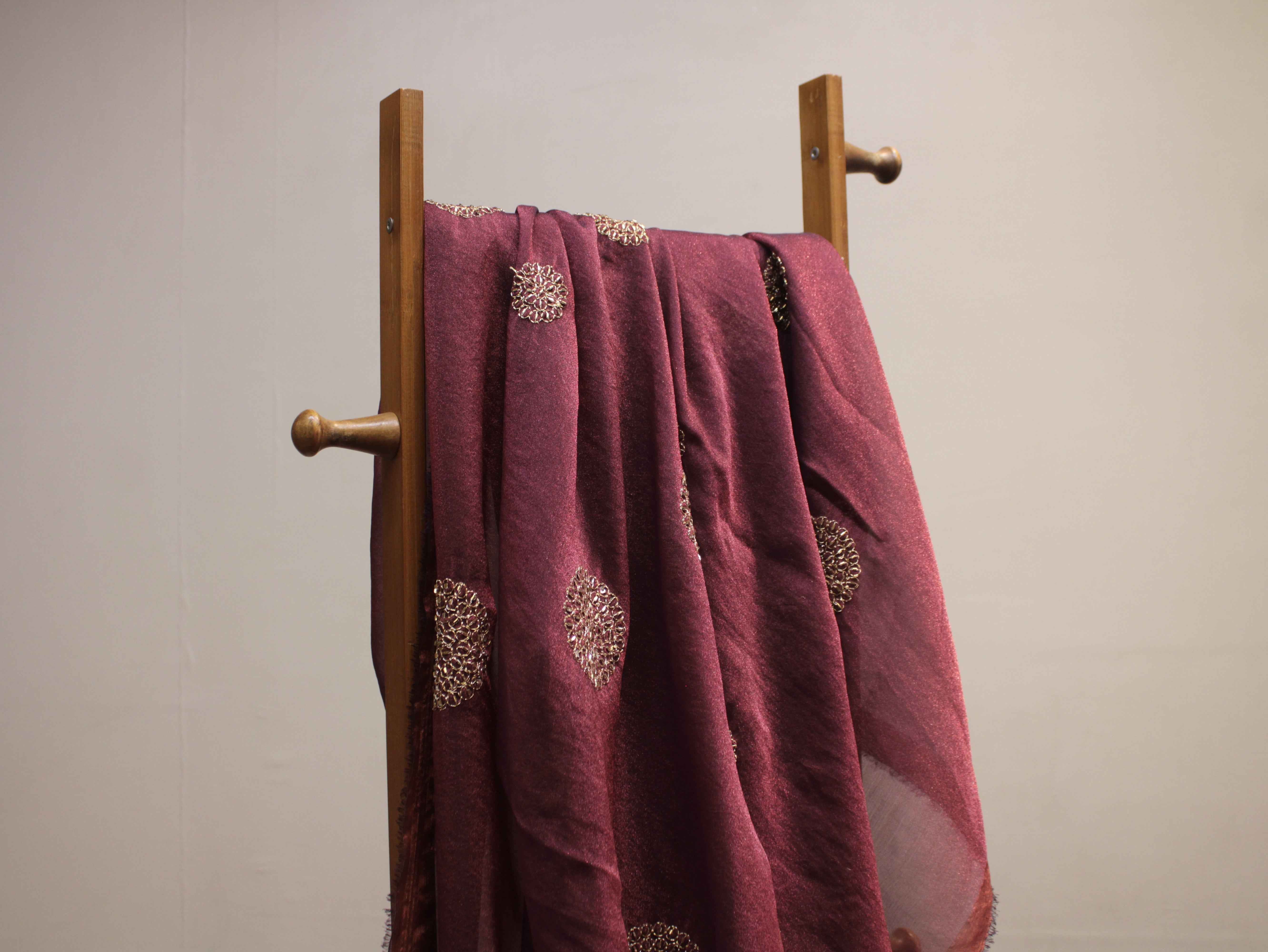 Premium Soft Tissue Organza with Round Patch Zari & Semi Bits Work - Wine