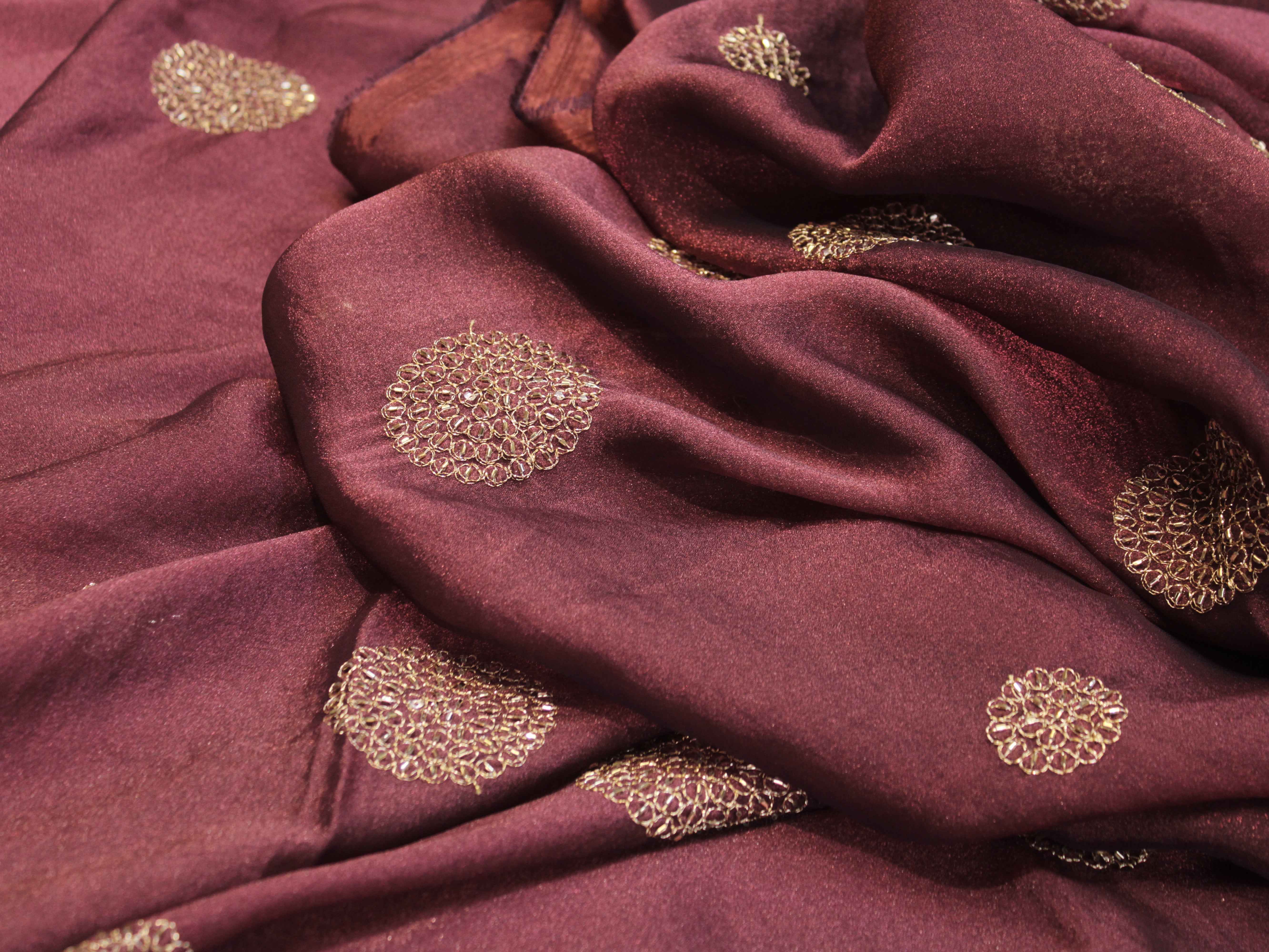 Premium Soft Tissue Organza with Round Patch Zari & Semi Bits Work - Wine