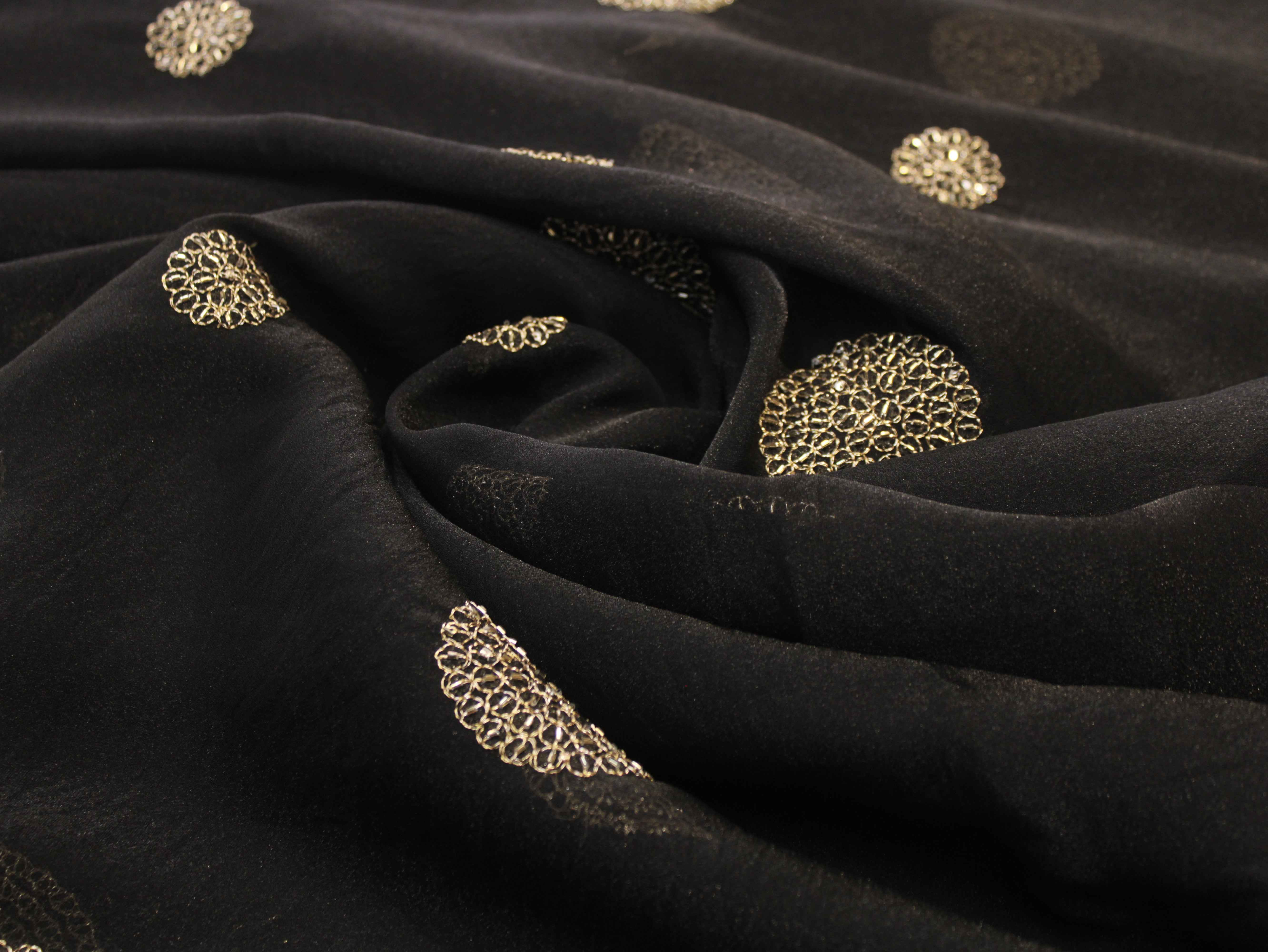 Premium Soft Tissue Organza with Round Patch Zari & Semi Bits Work - Black