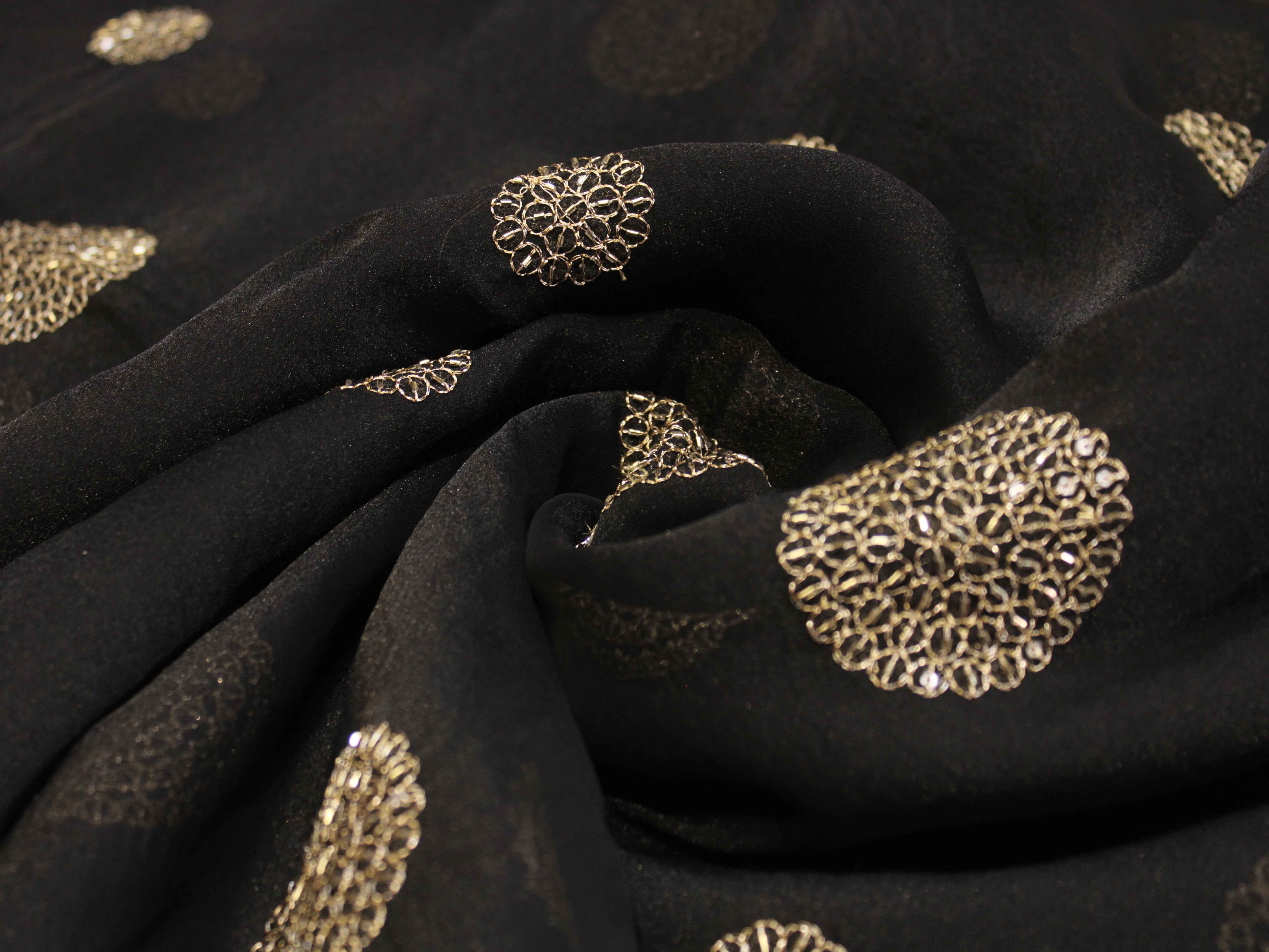 Premium Soft Tissue Organza with Round Patch Zari & Semi Bits Work - Black