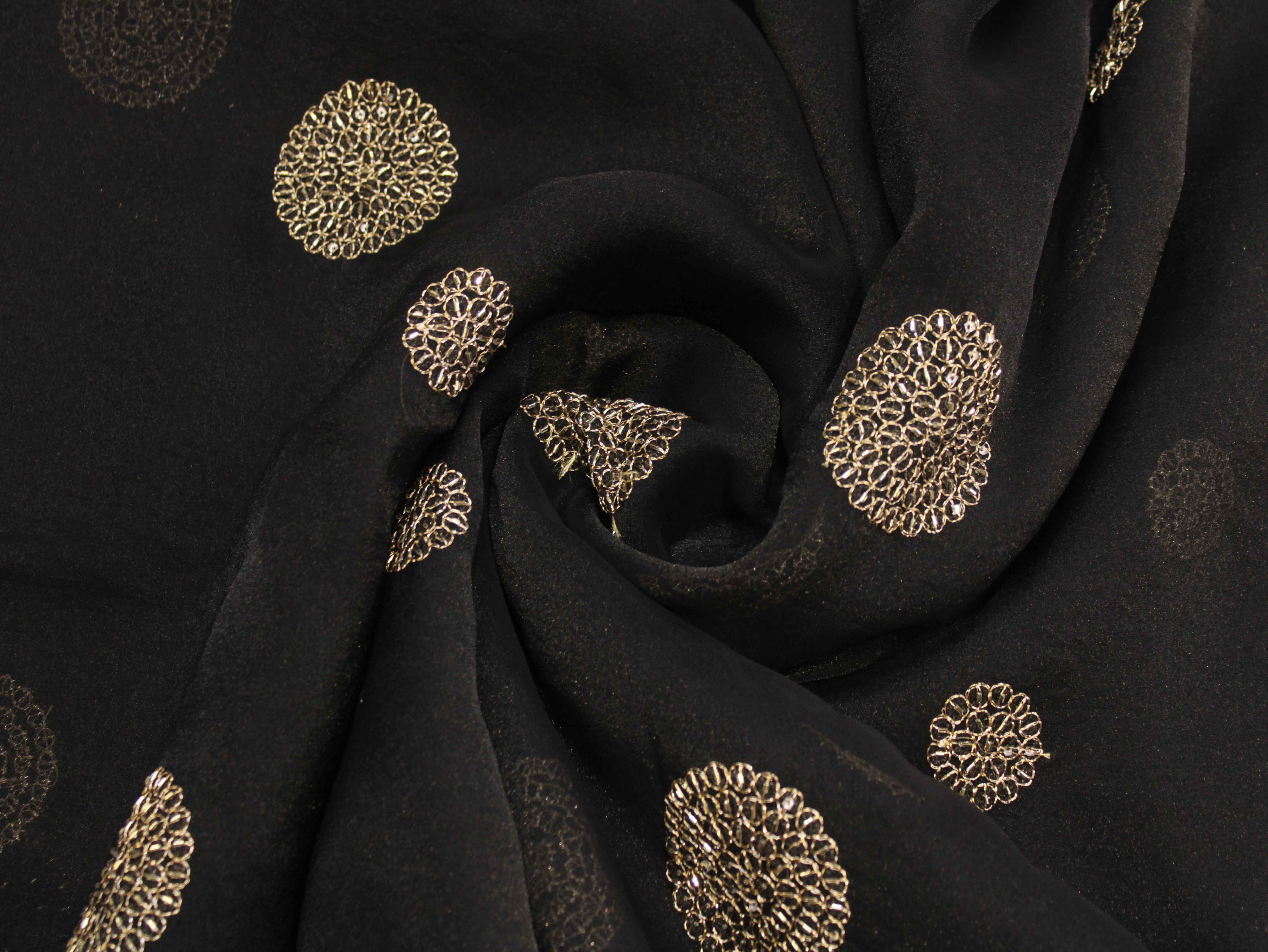 Premium Soft Tissue Organza with Round Patch Zari & Semi Bits Work - Black