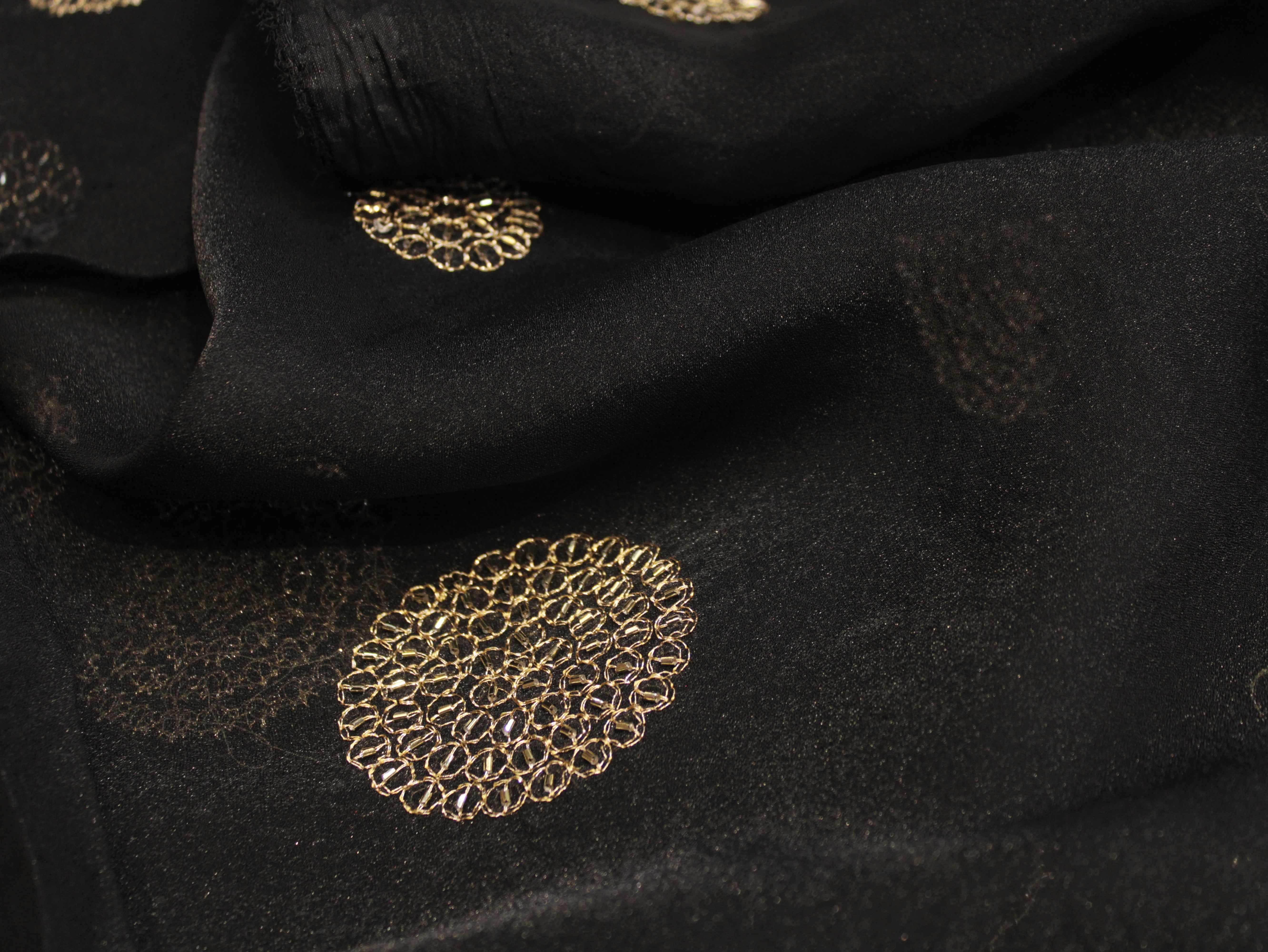 Premium Soft Tissue Organza with Round Patch Zari & Semi Bits Work - Black