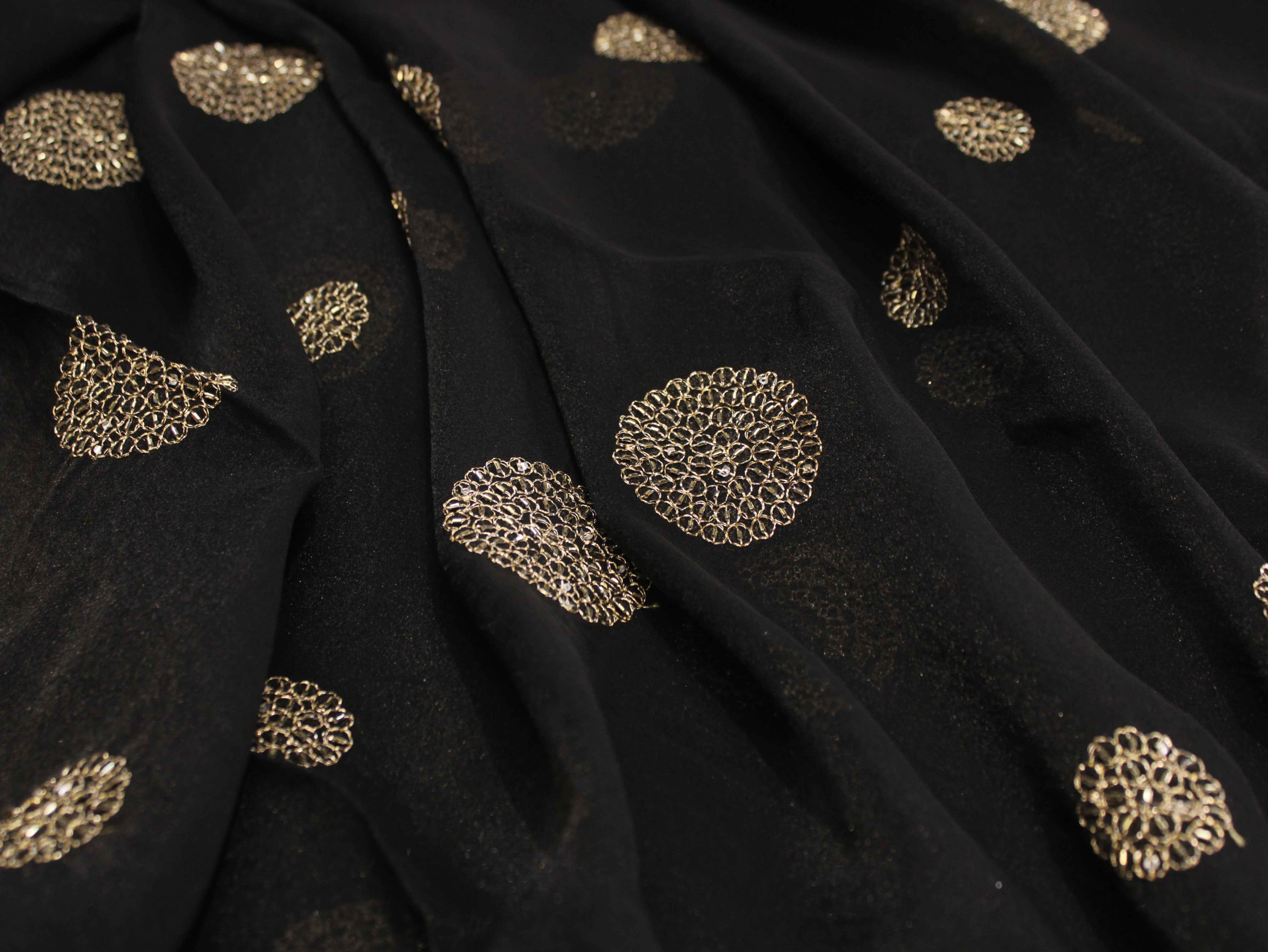 Premium Soft Tissue Organza with Round Patch Zari & Semi Bits Work - Black