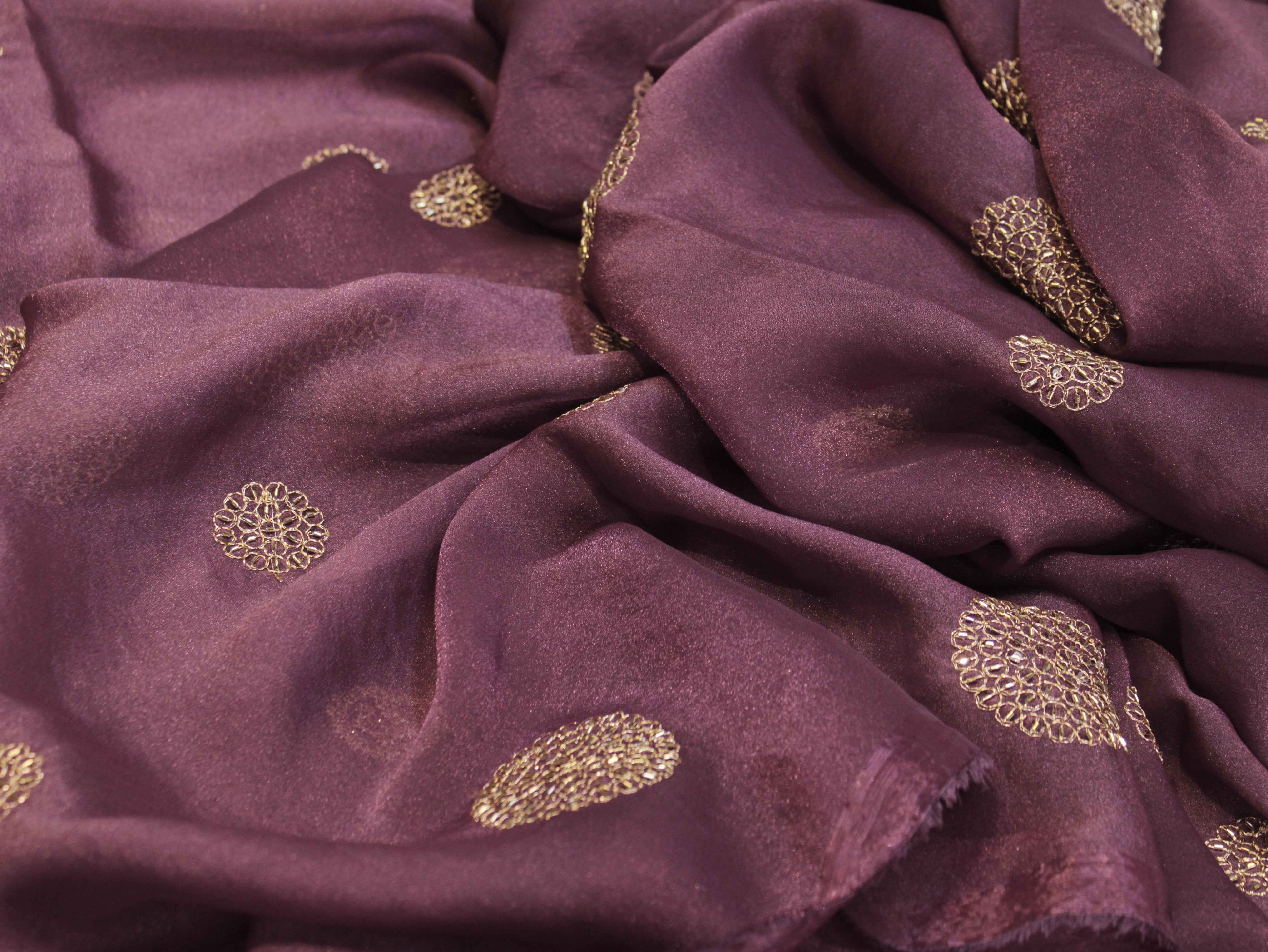 Premium Soft Tissue Organza with Round Patch Zari & Semi Bits Work - Pastel Purple