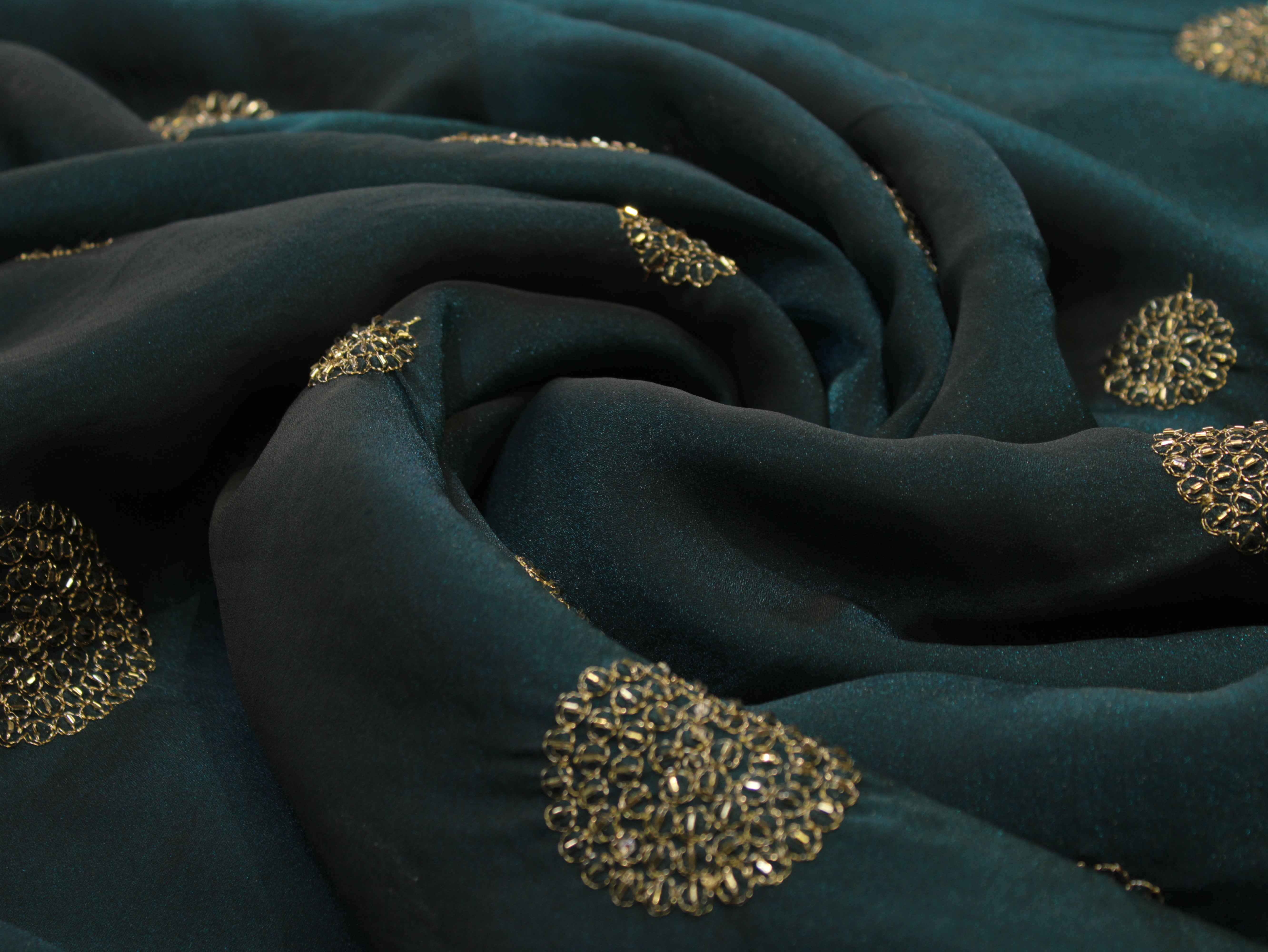 Premium Soft Tissue Organza with Round Patch Zari & Semi Bits Work - Peacock Blue