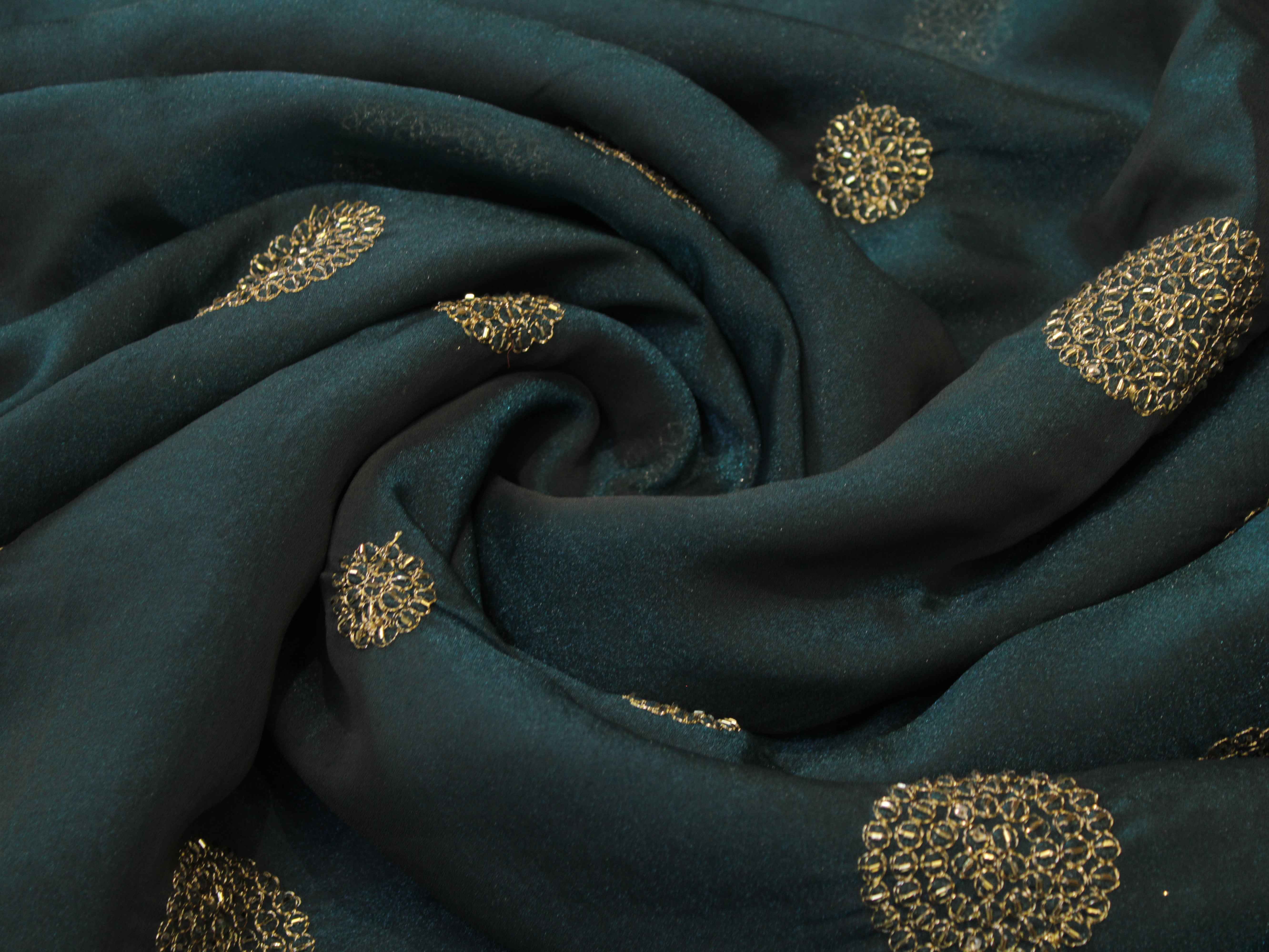 Premium Soft Tissue Organza with Round Patch Zari & Semi Bits Work - Peacock Blue