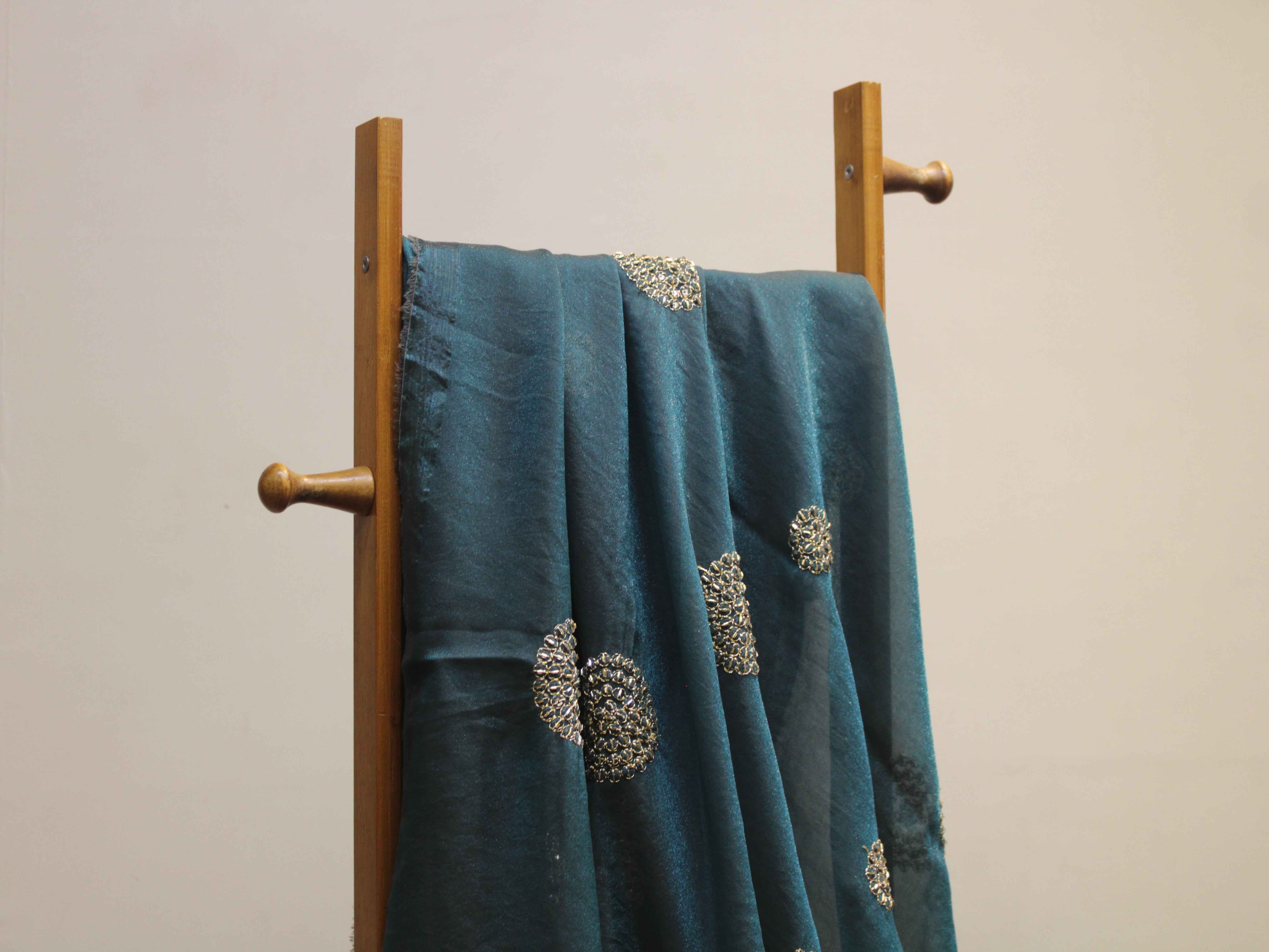 Premium Soft Tissue Organza with Round Patch Zari & Semi Bits Work - Peacock Blue