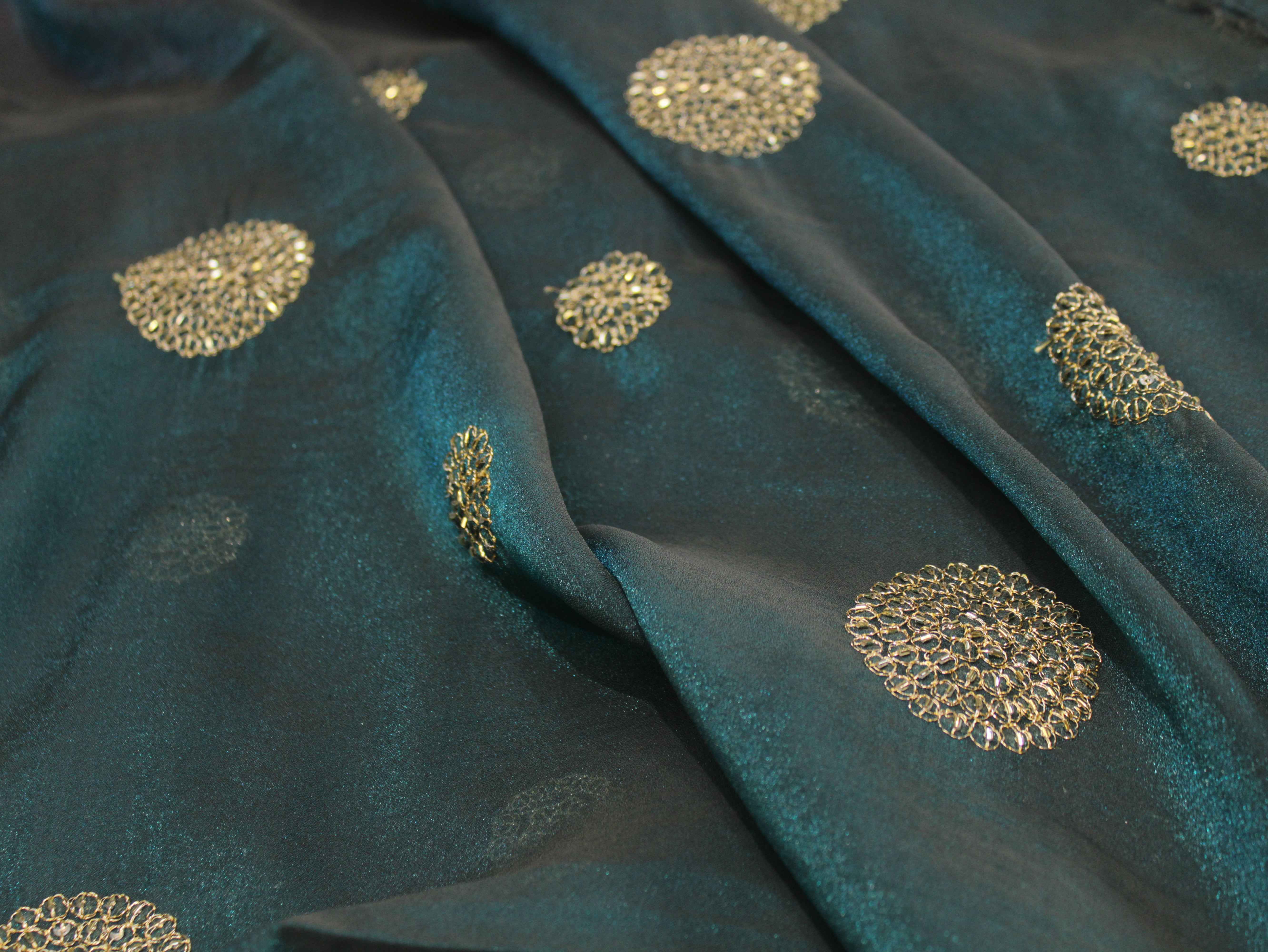 Premium Soft Tissue Organza with Round Patch Zari & Semi Bits Work - Peacock Blue