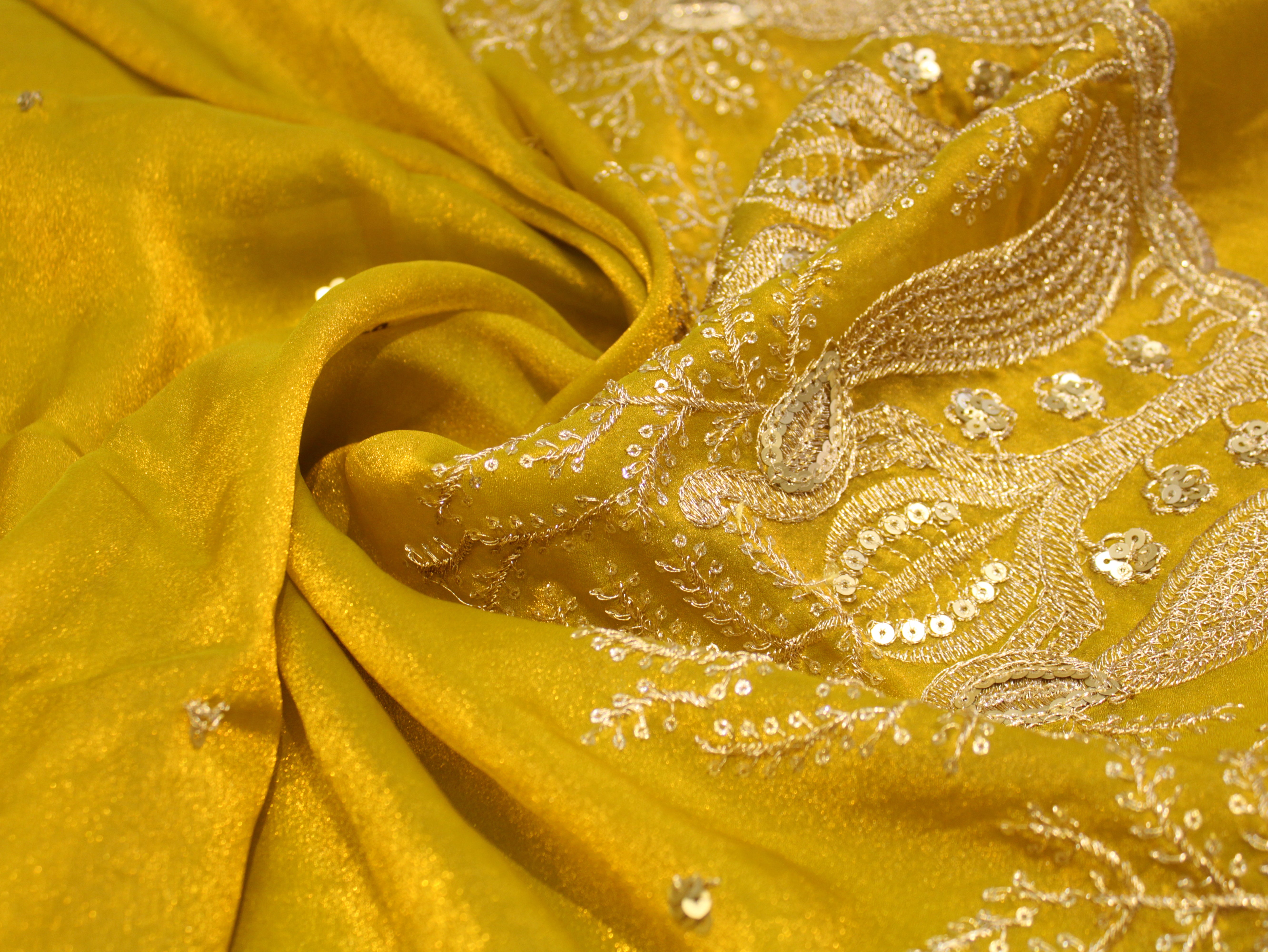 Soft Organza Tissue Fabric with Zari & Sequin Panel Work - Mustard Yellow