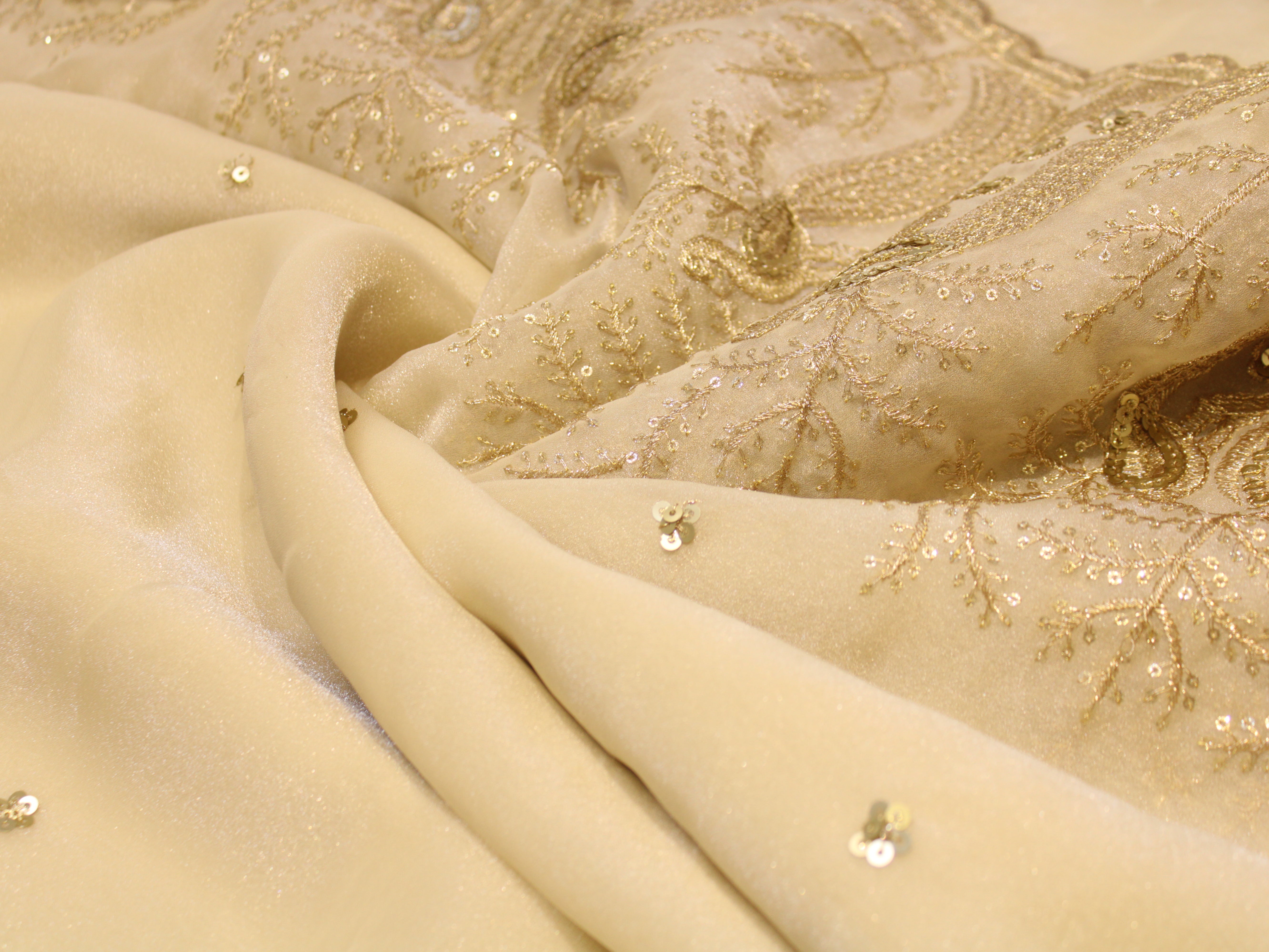 Soft Organza Tissue Fabric with Zari & Sequin Panel Work - Ivory