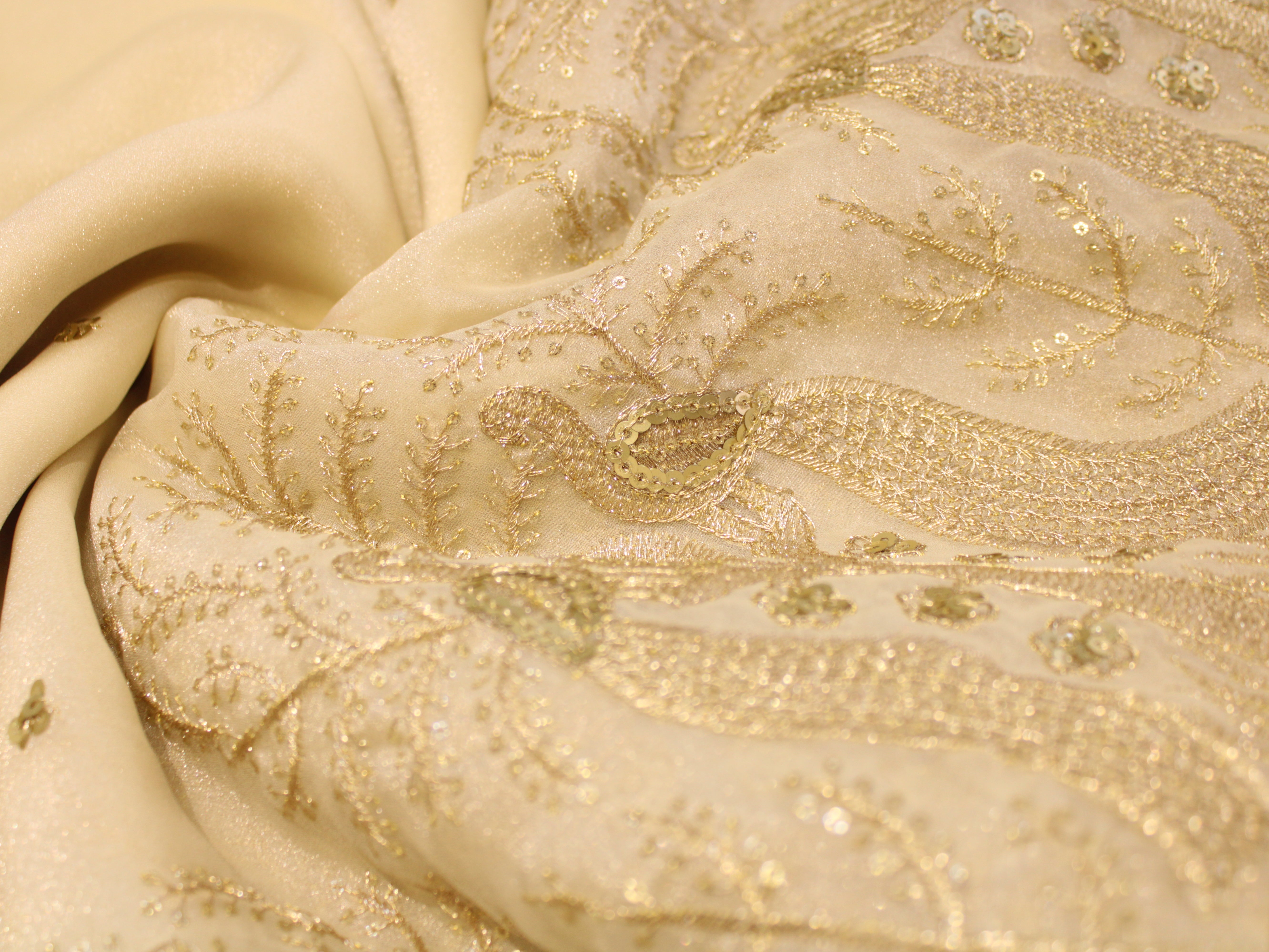 Soft Organza Tissue Fabric with Zari & Sequin Panel Work - Ivory