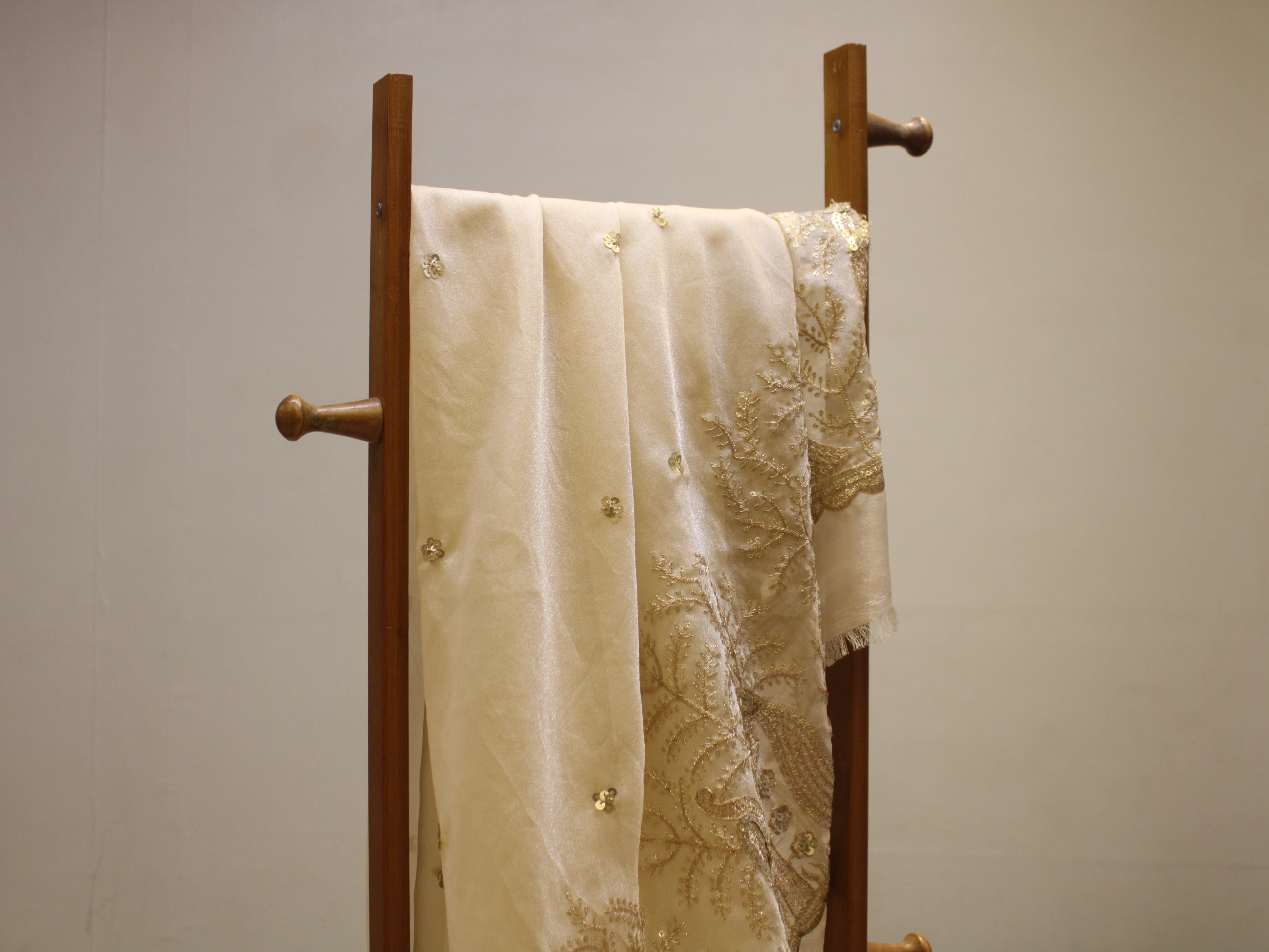 Soft Organza Tissue Fabric with Zari & Sequin Panel Work - Ivory