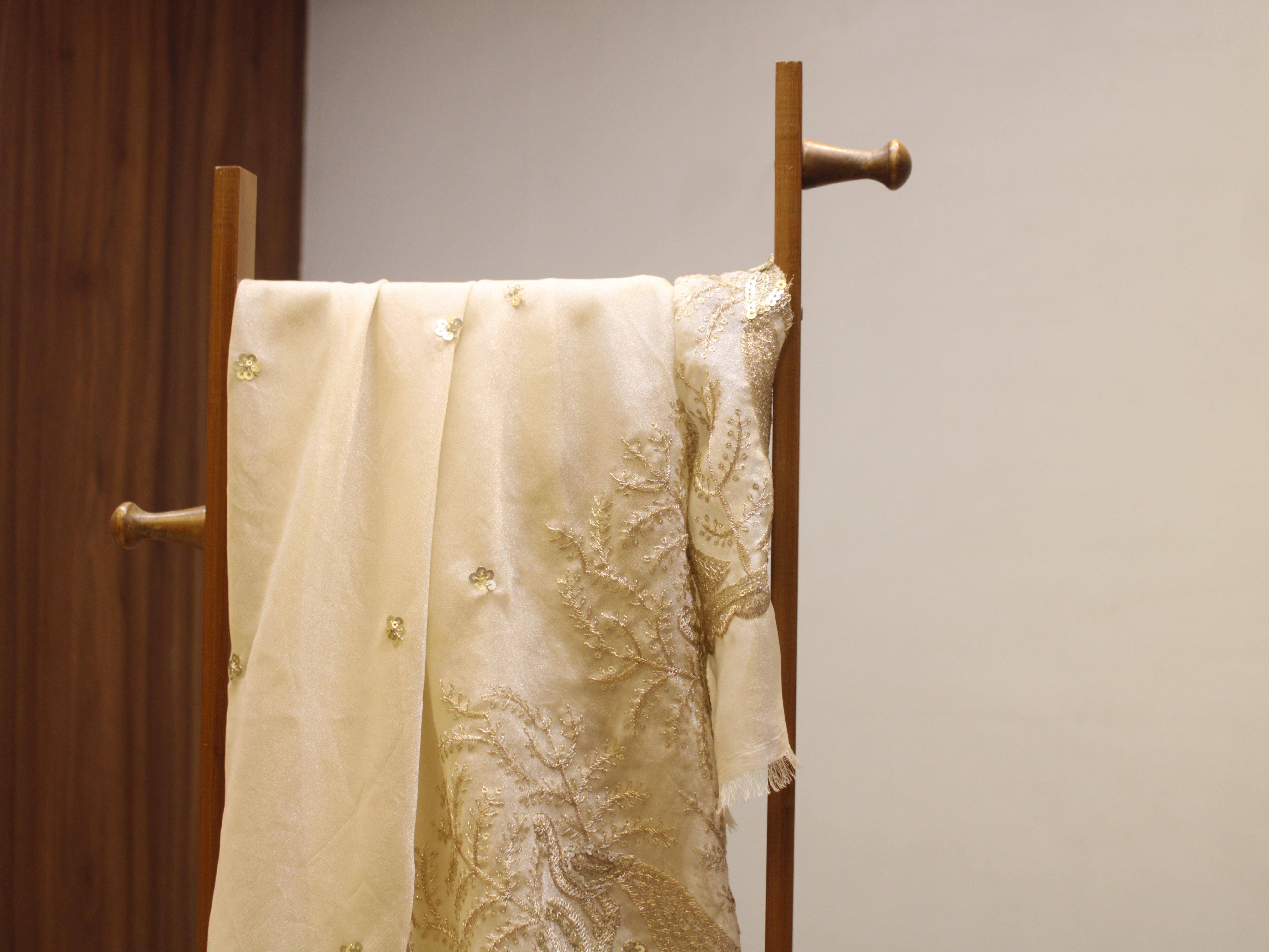 Soft Organza Tissue Fabric with Zari & Sequin Panel Work - Ivory