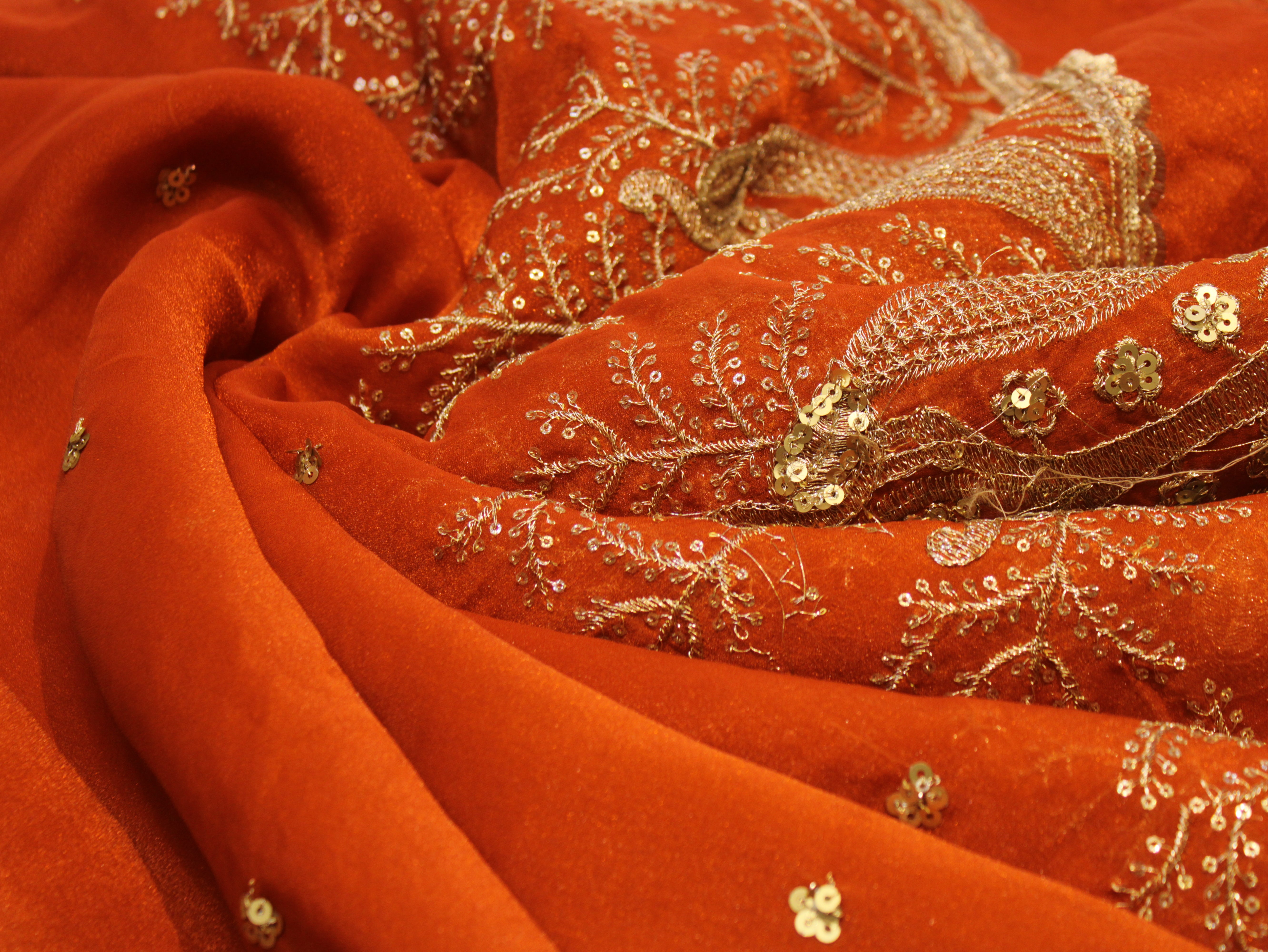 Soft Organza Tissue Fabric with Zari & Sequin Panel Work - Orange