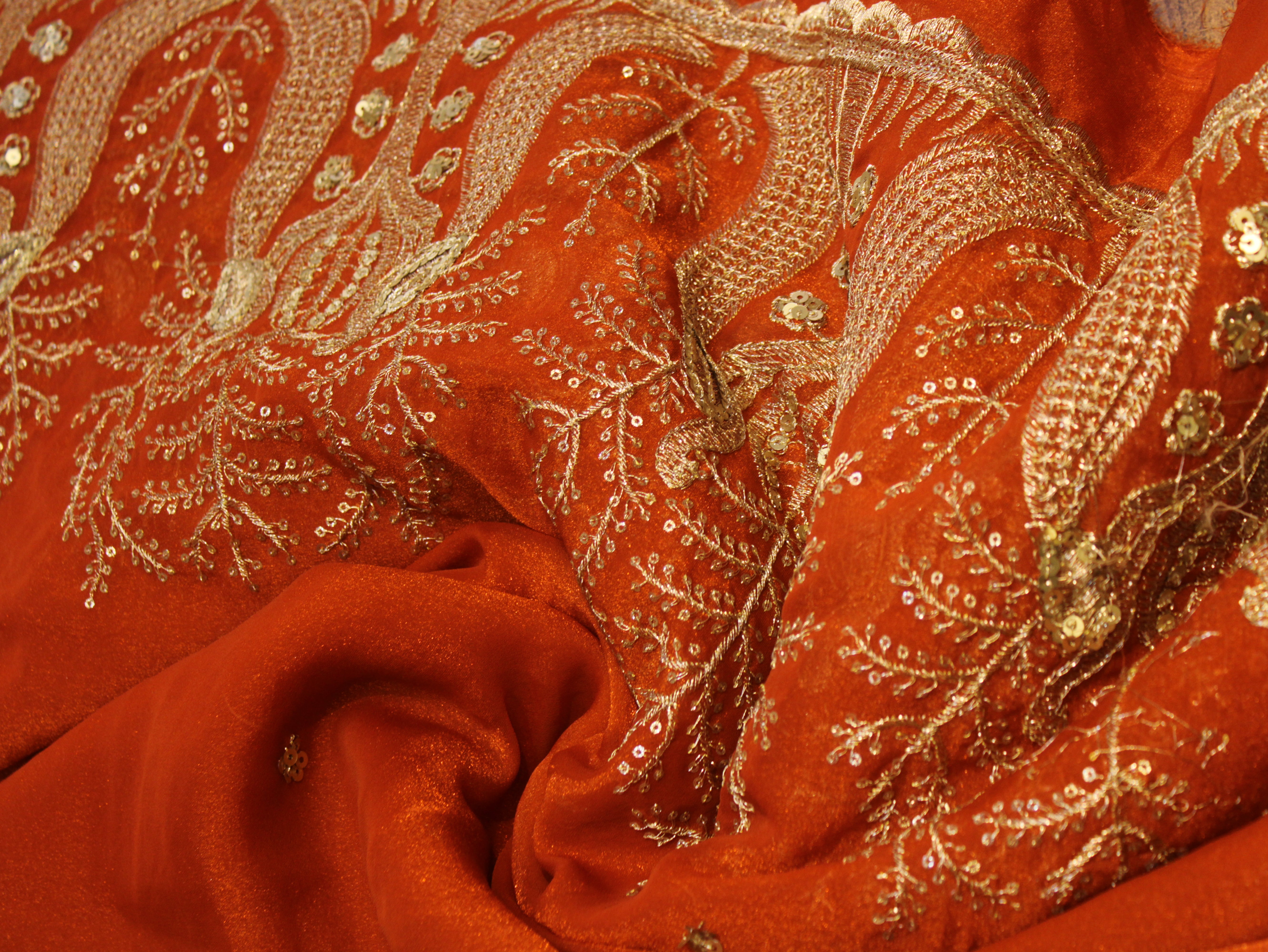 Soft Organza Tissue Fabric with Zari & Sequin Panel Work - Orange
