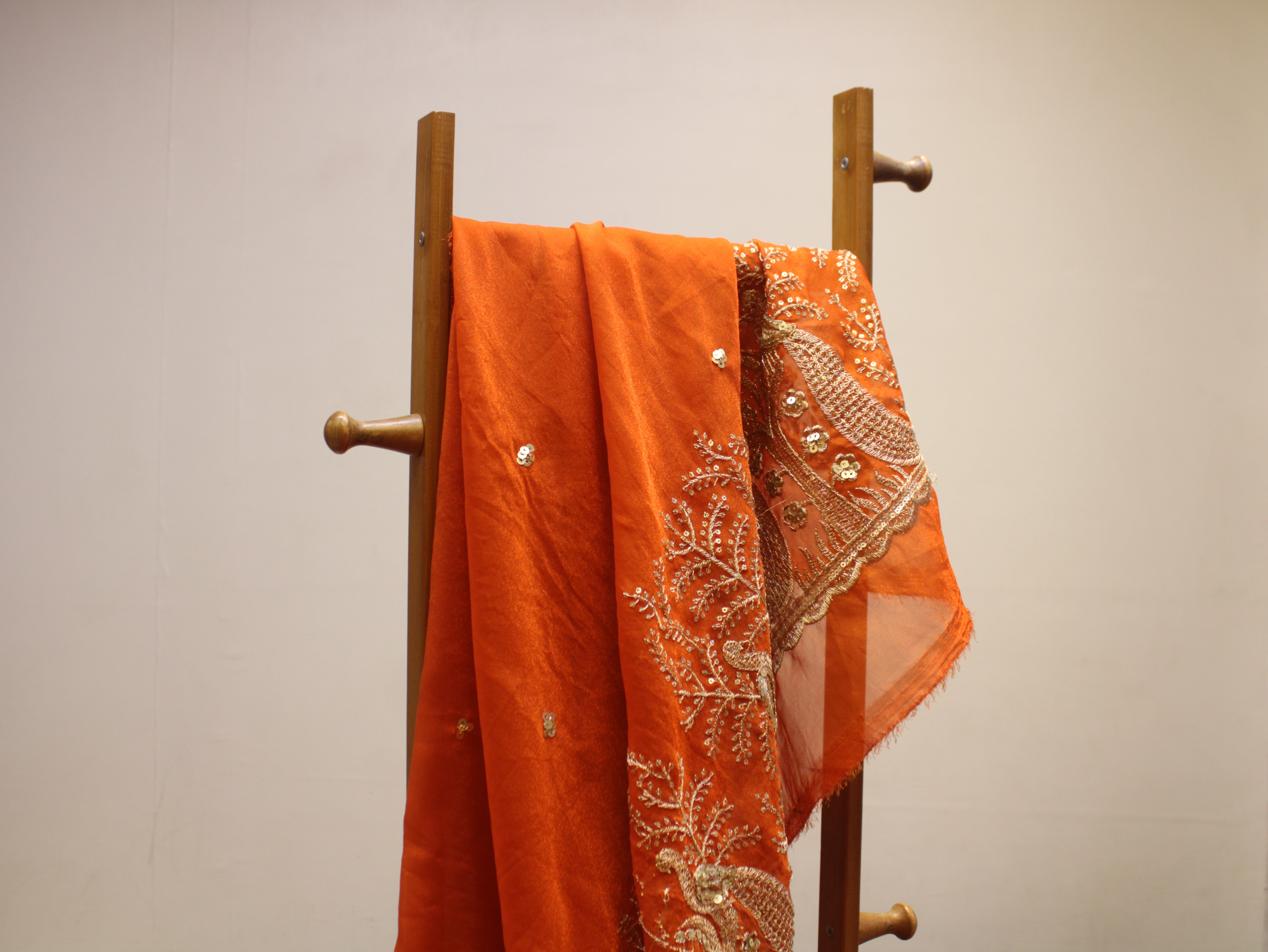 Soft Organza Tissue Fabric with Zari & Sequin Panel Work - Orange